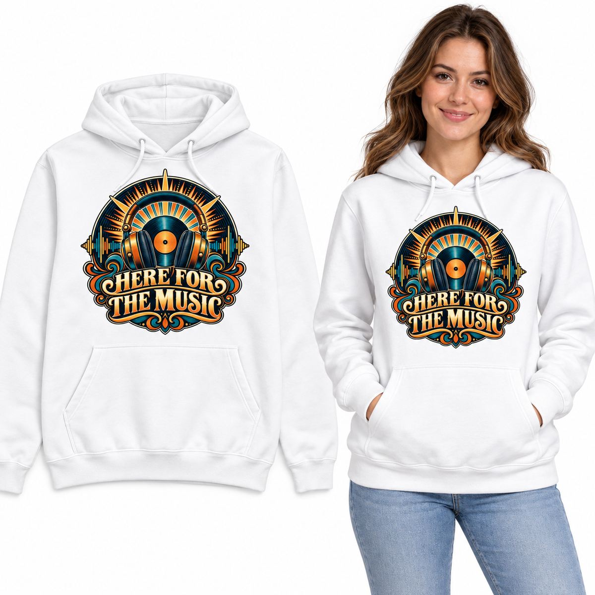 Here for the Music front print on a White pullover hoodie, flat view and model.