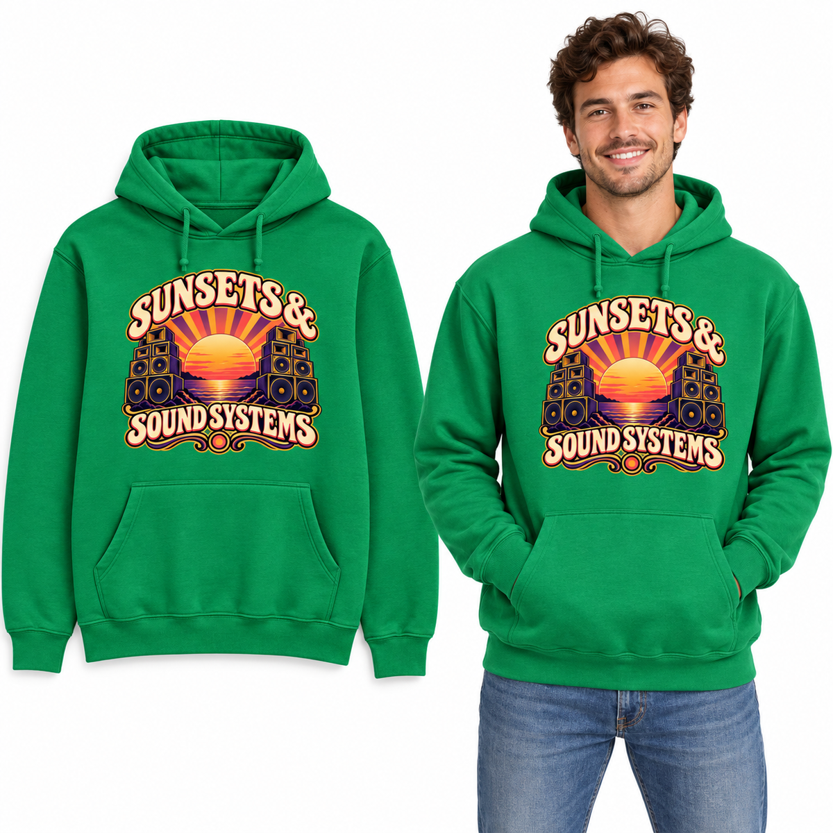 Sunsets & Sound Systems front print on a Kelly Green pullover hoodie, flat view and model.