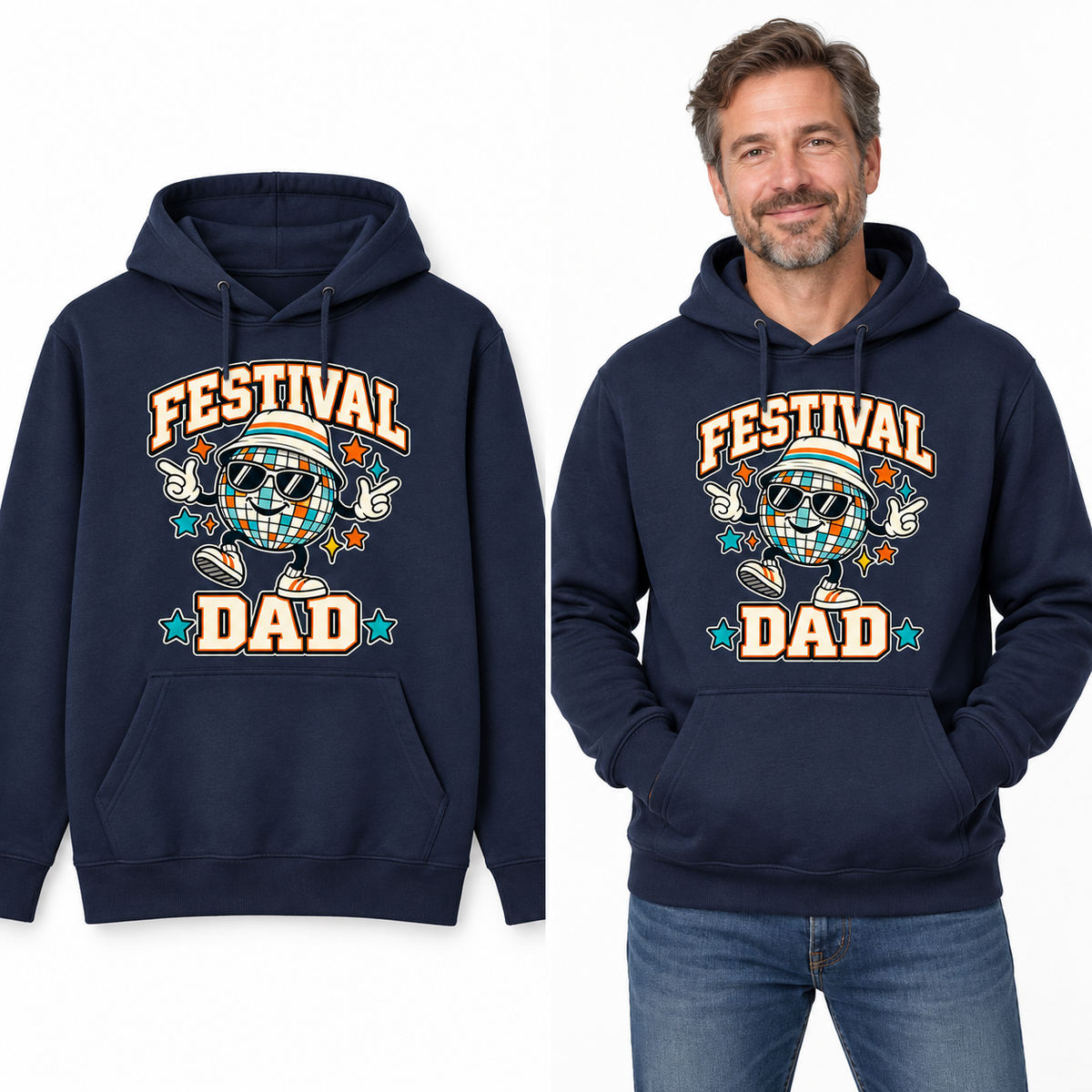 Festival Dad front print on a Navy pullover hoodie, flat view and model.