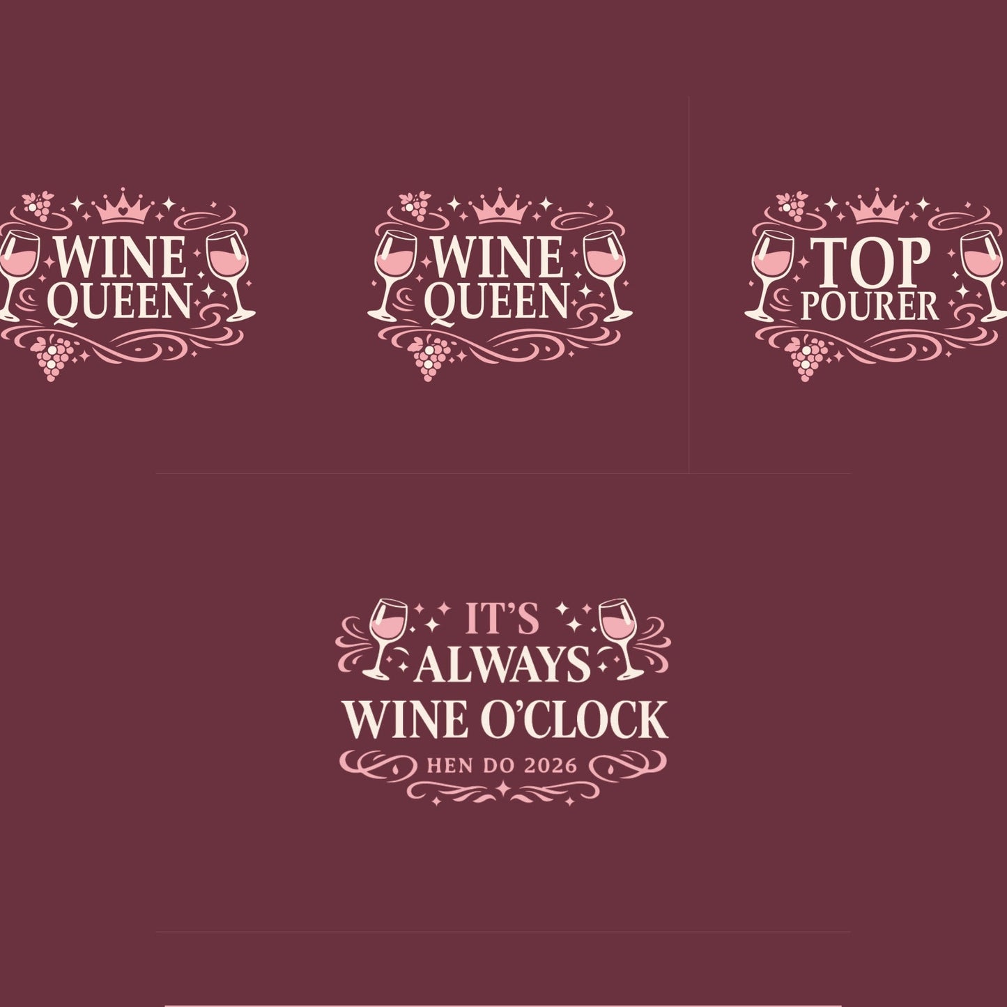 Set of wine-themed designs with text on a maroon background for hen party t-shirts