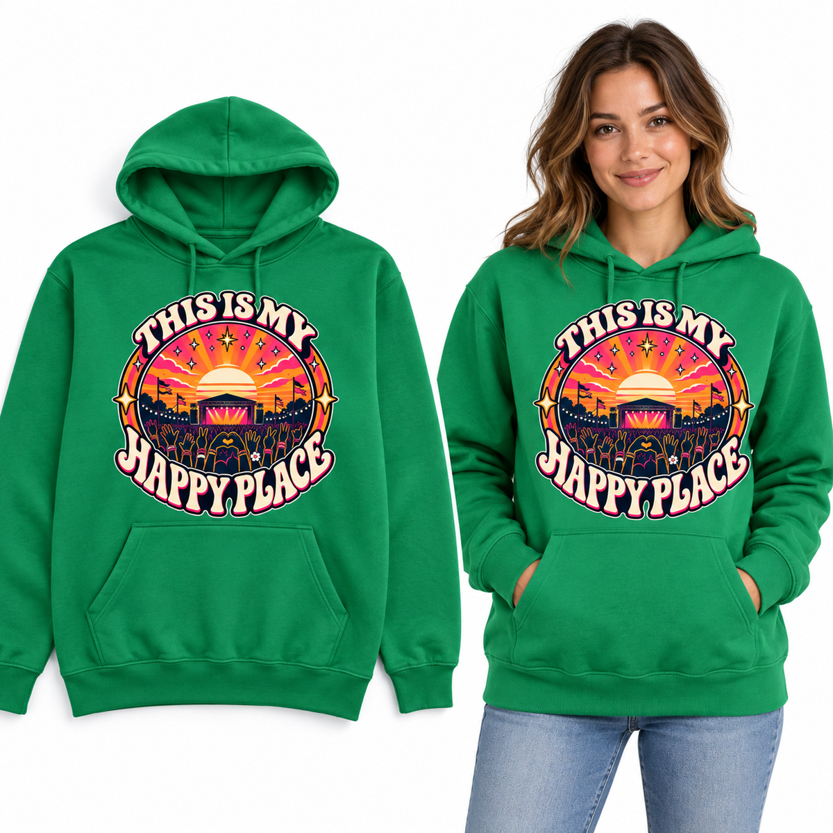 This Is My Happy Place front print on a Kelly Green pullover hoodie, flat view and model.