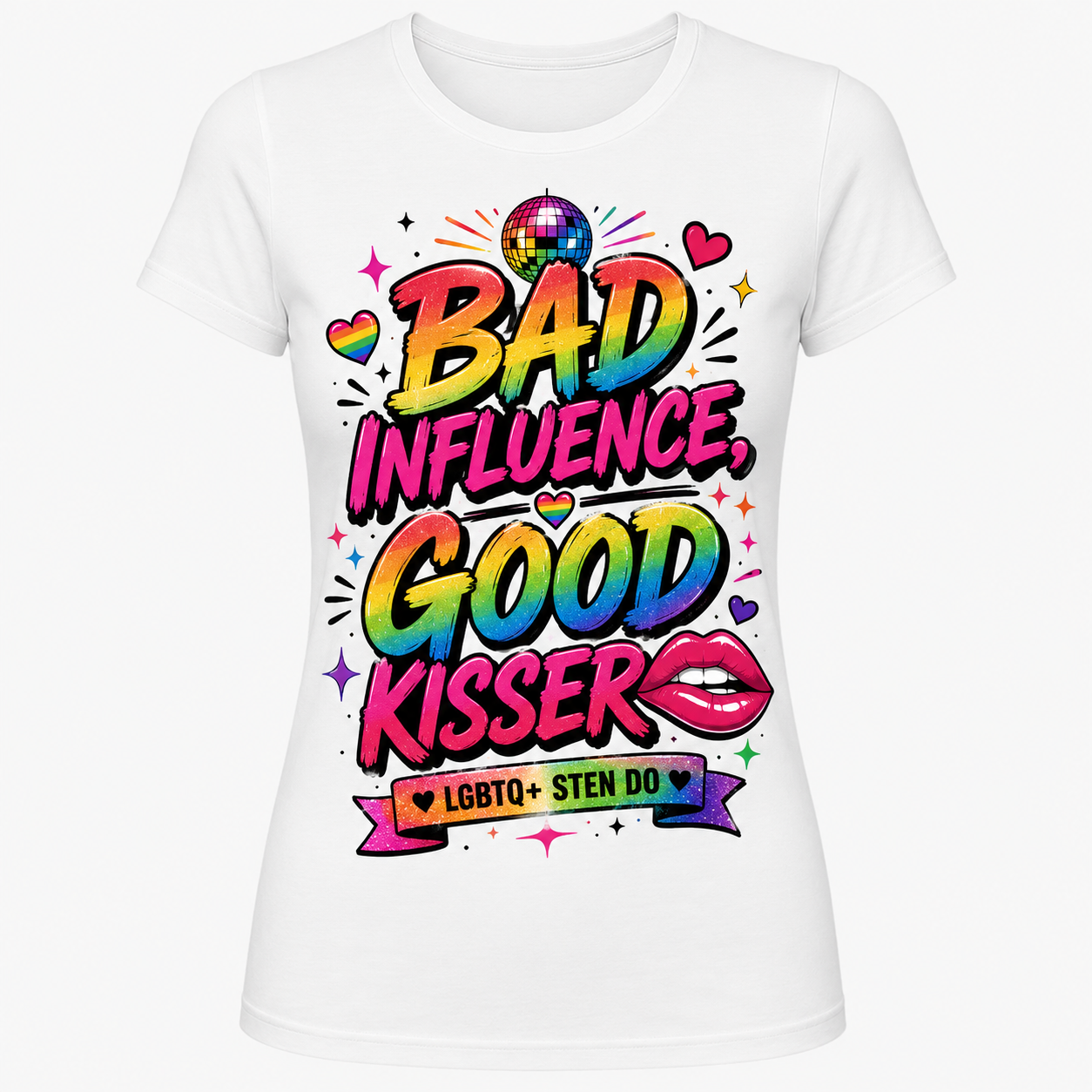 Queer Flirty and Out of Line LGBTQ+ sten do T-shirt on navy – rainbow lips and disco ball by maxeD-uP