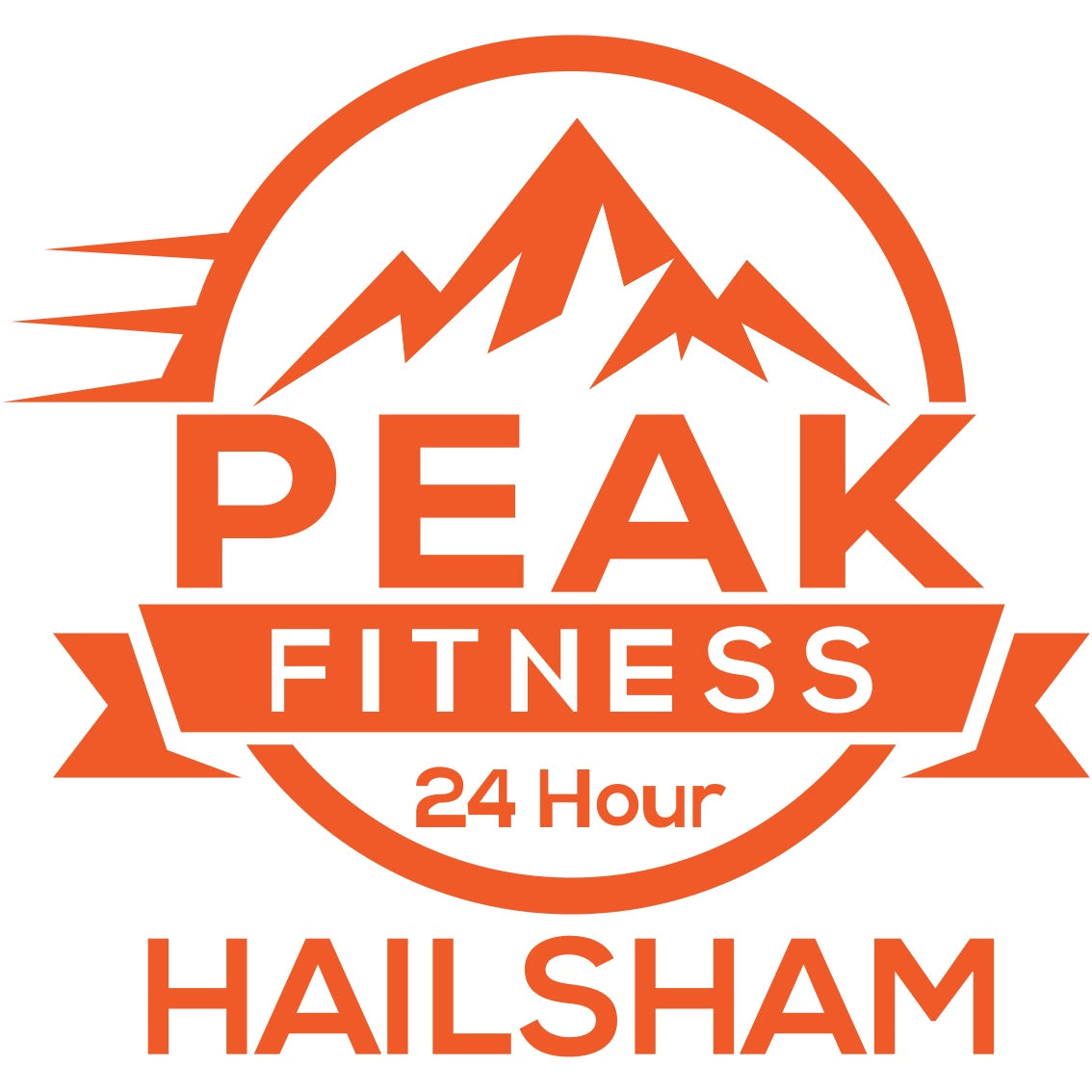 Peak Fitness 24 Hour Hailsham orange logo with mountains and circular emblem.