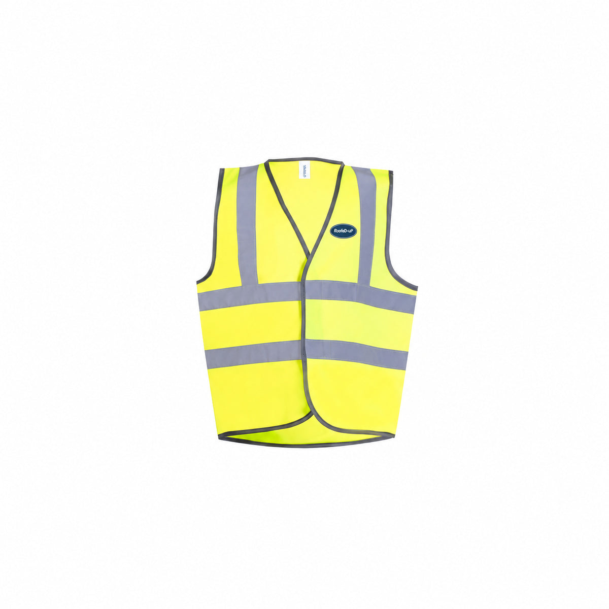 Hi-Vis RoofeD-uP Children's Waistcoat with a 60 mm RoofeD-uP badge on the wearer's left chest; shown in yellow, with yellow and orange available.