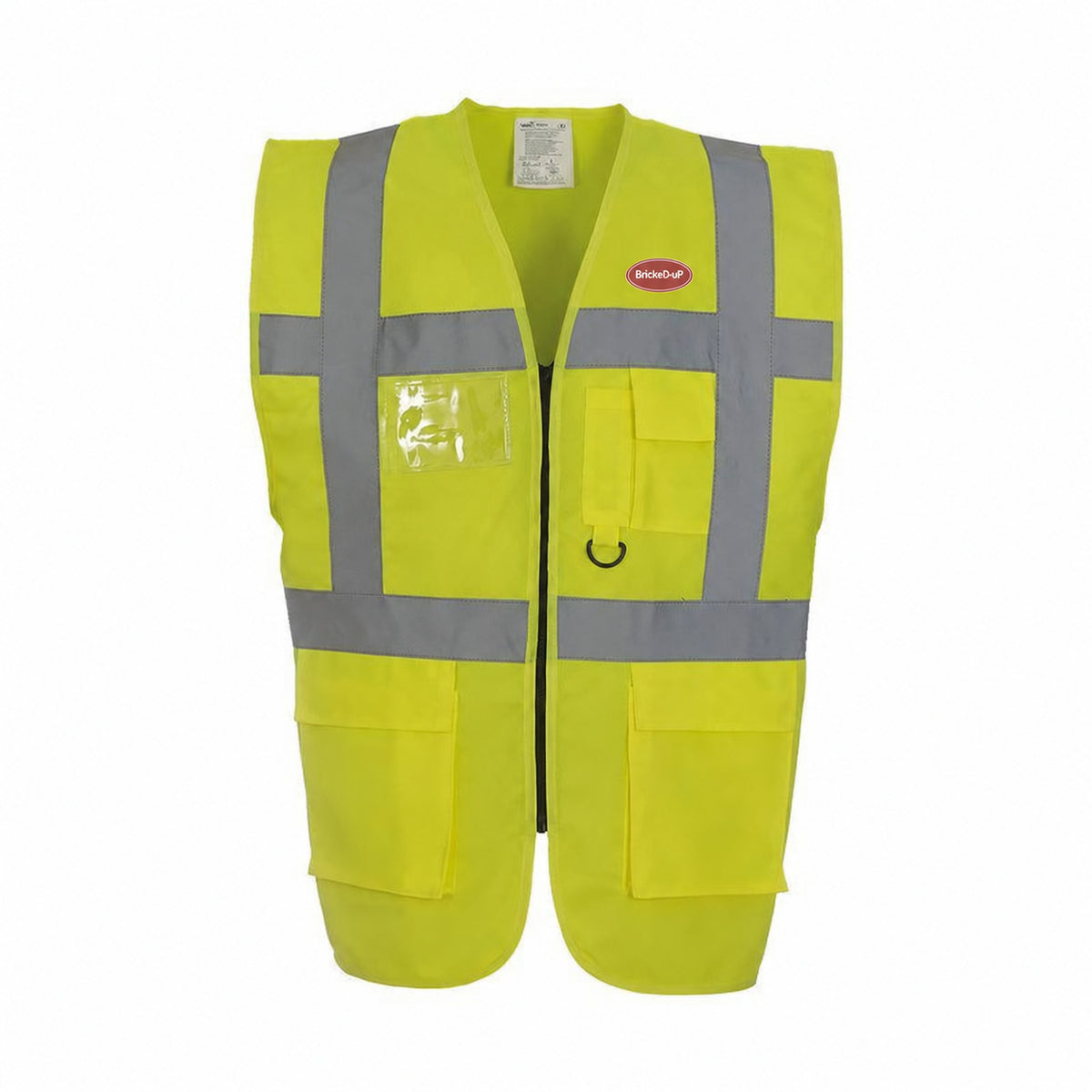 Hi-Vis BrickeD-uP Executive Waistcoat with a 60 mm BrickeD-uP badge on the wearer's left chest; shown in yellow, with yellow and orange available.