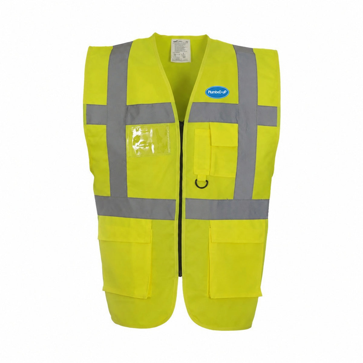 Hi-Vis PlumbeD-uP Executive Waistcoat with a 60 mm PlumbeD-uP badge on the wearer's left chest; shown in yellow, with yellow and orange available.