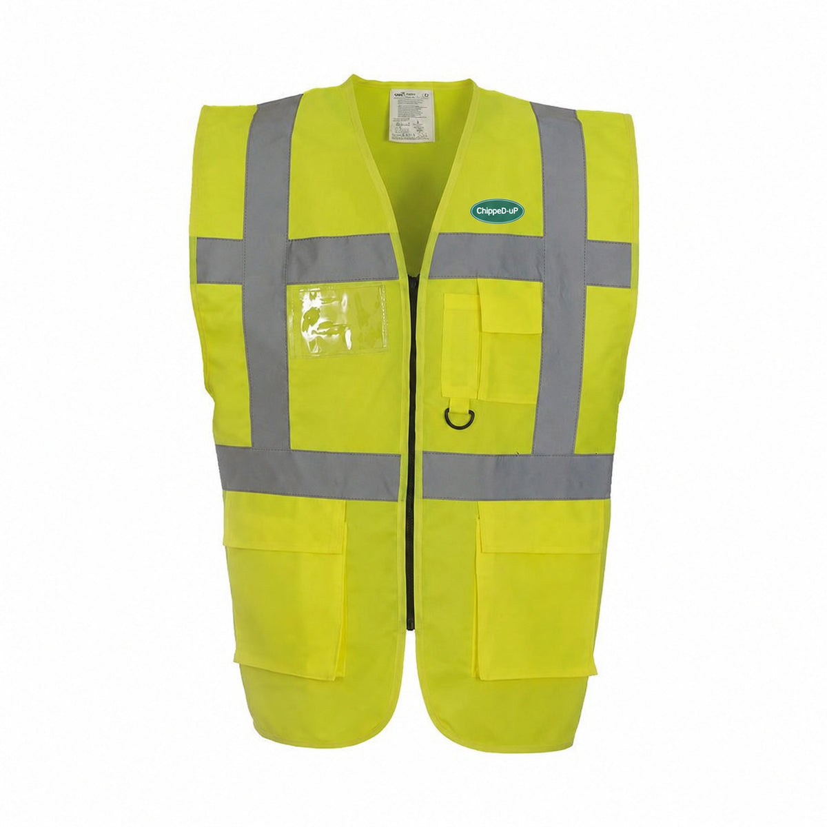 Hi-Vis ChippeD-uP Executive Waistcoat with a 60 mm ChippeD-uP badge on the wearer's left chest; shown in yellow, with yellow and orange available.