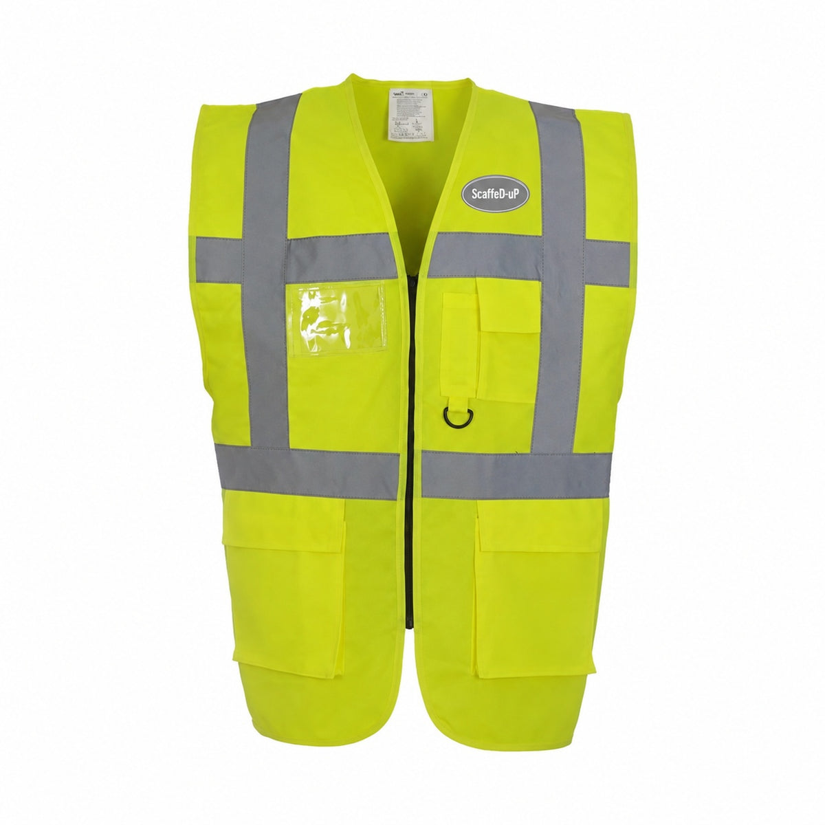 Hi-Vis ScaffeD-uP Executive Waistcoat with a 60 mm ScaffeD-uP badge on the wearer's left chest; shown in yellow, with yellow and orange available.