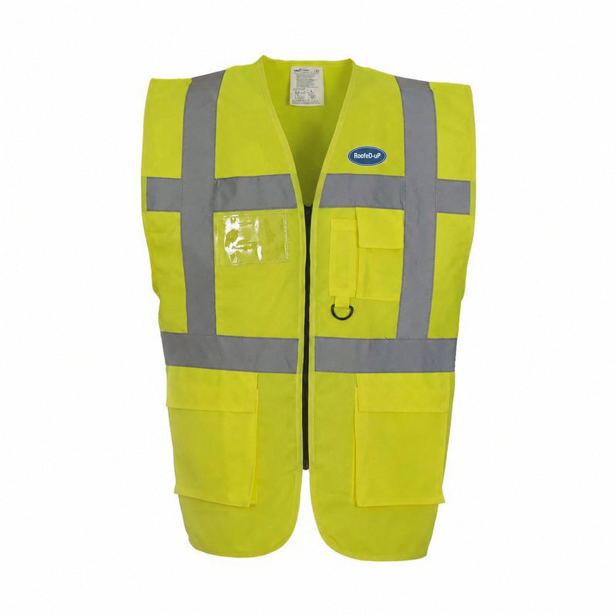 Hi-Vis RoofeD-uP Executive Waistcoat with a 60 mm RoofeD-uP badge on the wearer's left chest; shown in yellow, with yellow and orange available.