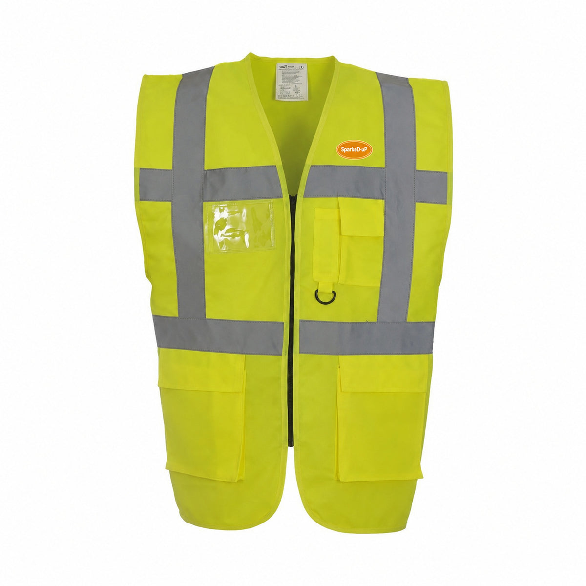 Hi-Vis SparkeD-uP Executive Waistcoat with a 60 mm SparkeD-uP badge on the wearer's left chest; shown in yellow, with yellow and orange available.