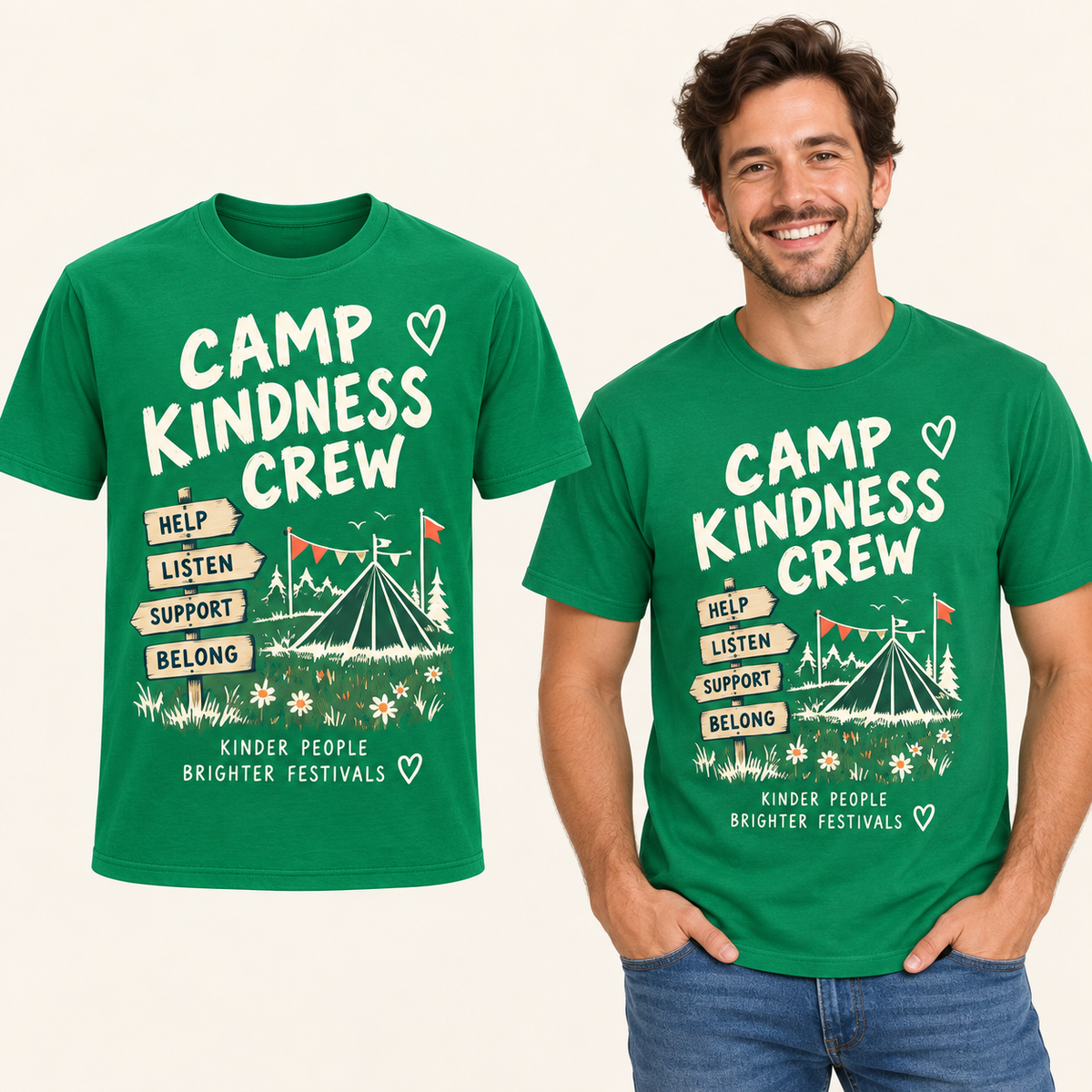 Camp Kindness Crew front-print Kelly Green T-shirt beside an adult man wearing the same design. FMS Friends.