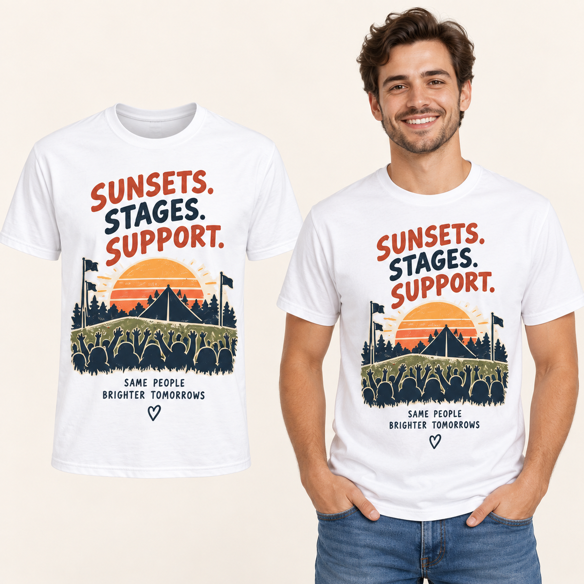 Sunsets Stages Support front-print White T-shirt beside an adult man wearing the same design. FMS Friends.
