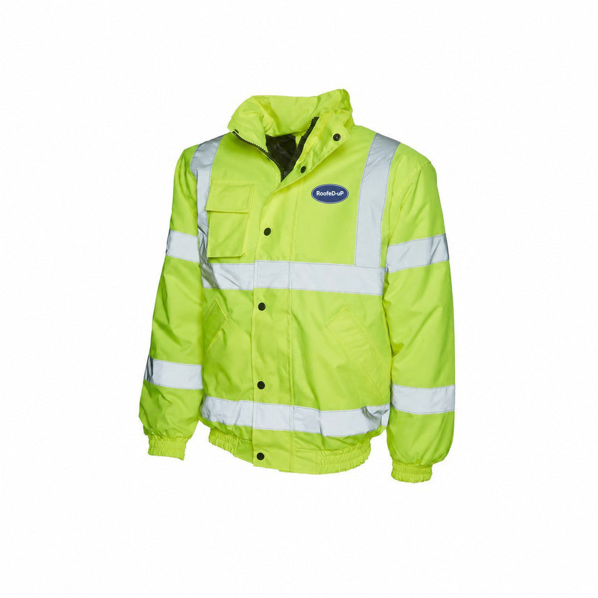 Hi-Vis RoofeD-uP Bomber Jacket with a 60 mm RoofeD-uP badge on the wearer's left chest; shown in yellow, with yellow and orange available.