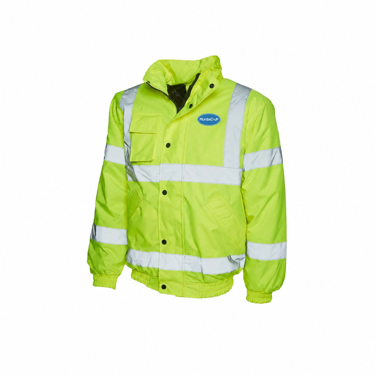 Hi-Vis PlumbeD-uP Bomber Jacket with a 60 mm PlumbeD-uP badge on the wearer's left chest; shown in yellow, with yellow and orange available.