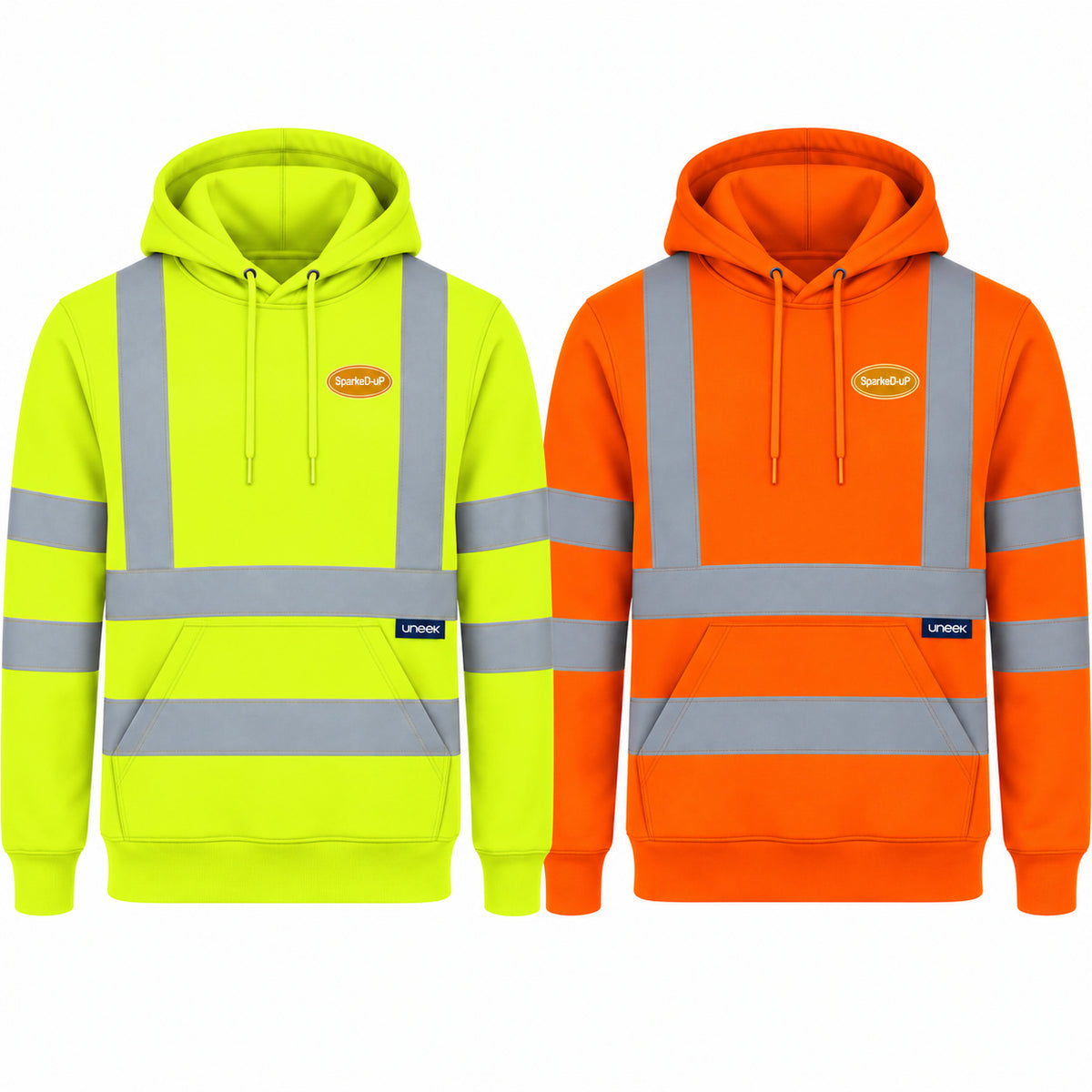 Hi-Vis SparkeD-uP Hoodie, Uneek UC814, shown in yellow and orange with a small SparkeD-uP badge on the wearer's left chest, clear of reflective tape. Product mockup.