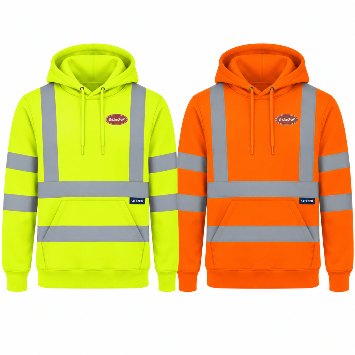 Hi-Vis BrickeD-uP Hoodie, Uneek UC814, shown in yellow and orange with a small BrickeD-uP badge on the wearer's left chest, clear of reflective tape. Product mockup.