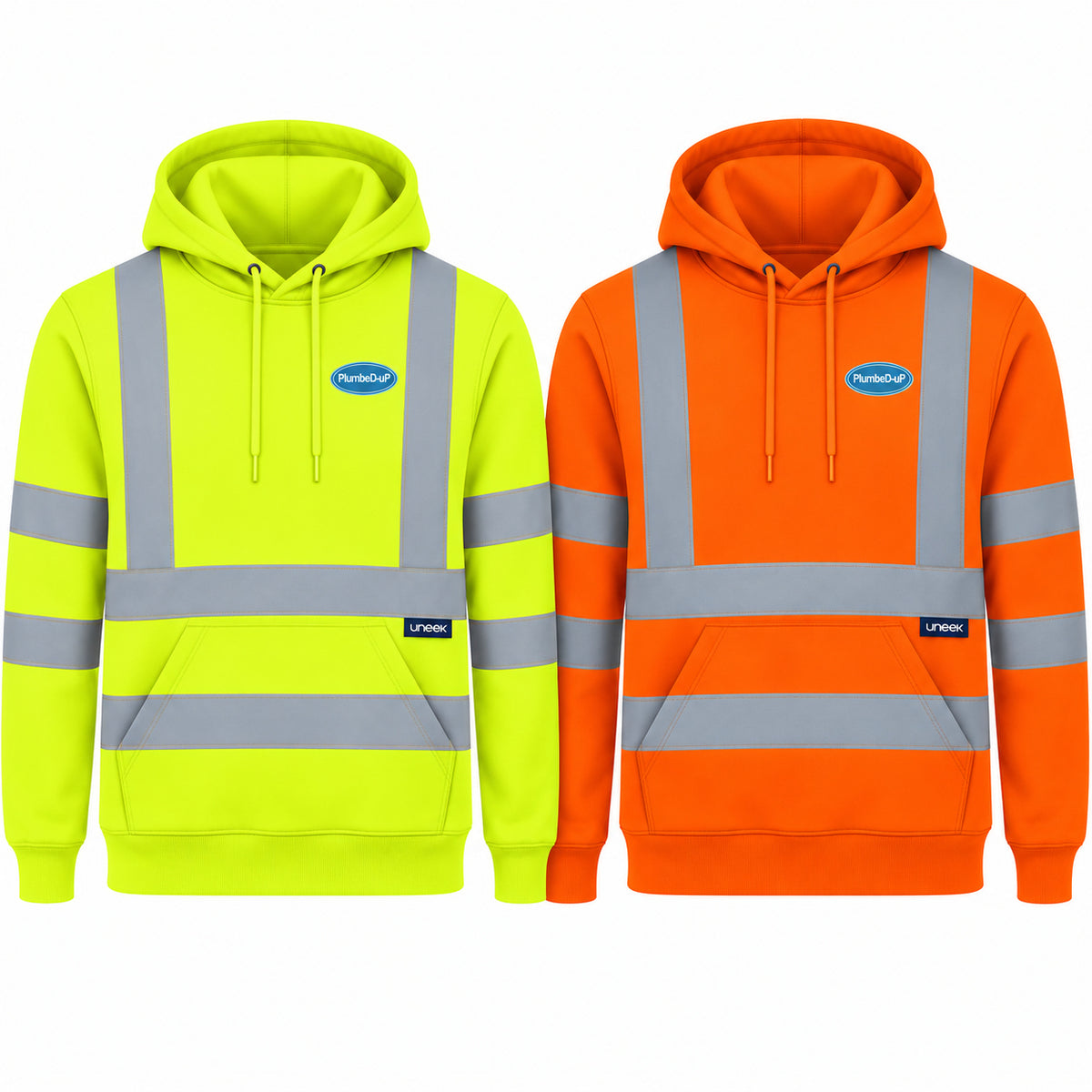 Hi-Vis PlumbeD-uP Hoodie, Uneek UC814, shown in yellow and orange with a small PlumbeD-uP badge on the wearer's left chest, clear of reflective tape. Product mockup.