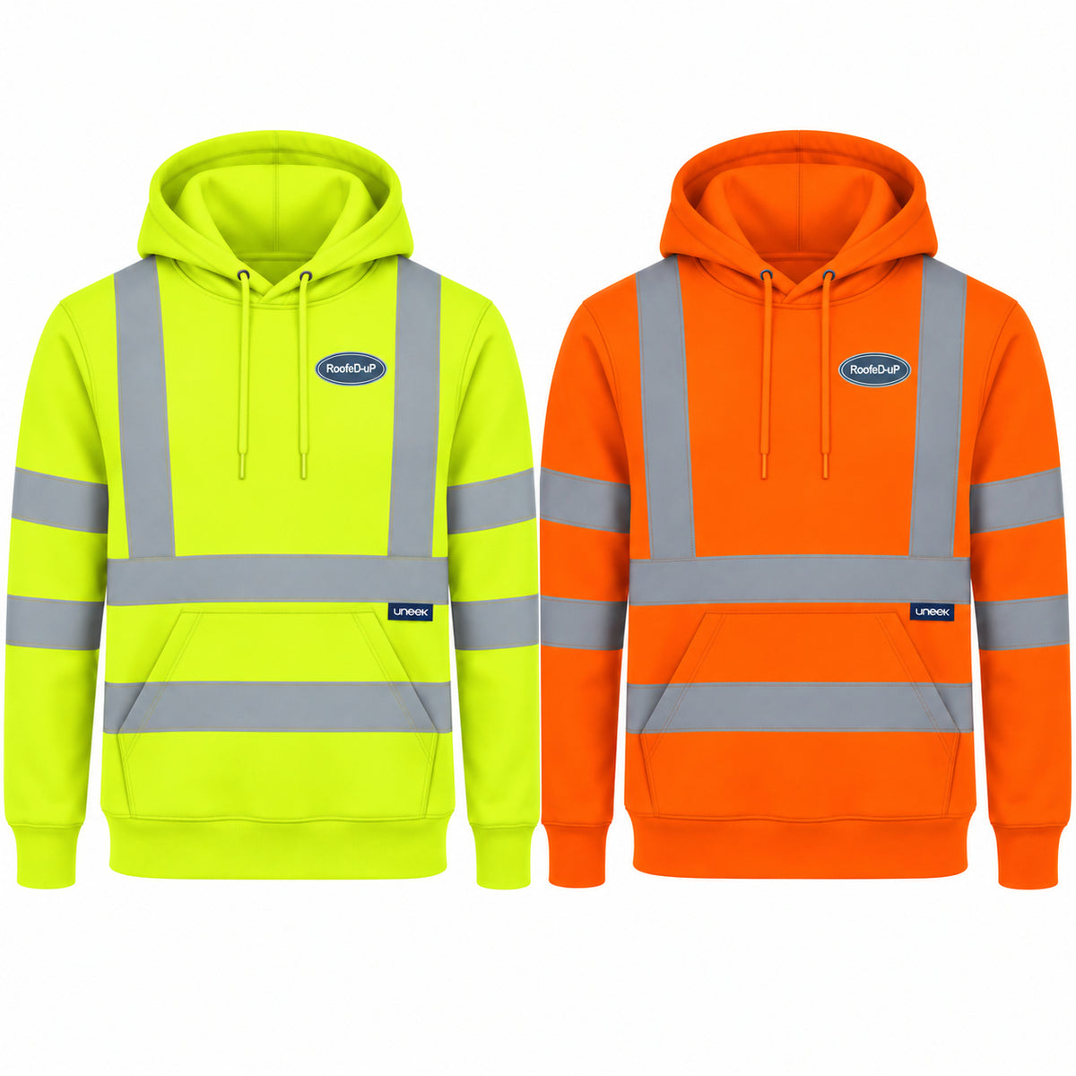 Hi-Vis RoofeD-uP Hoodie, Uneek UC814, shown in yellow and orange with a small RoofeD-uP badge on the wearer's left chest, clear of reflective tape. Product mockup.