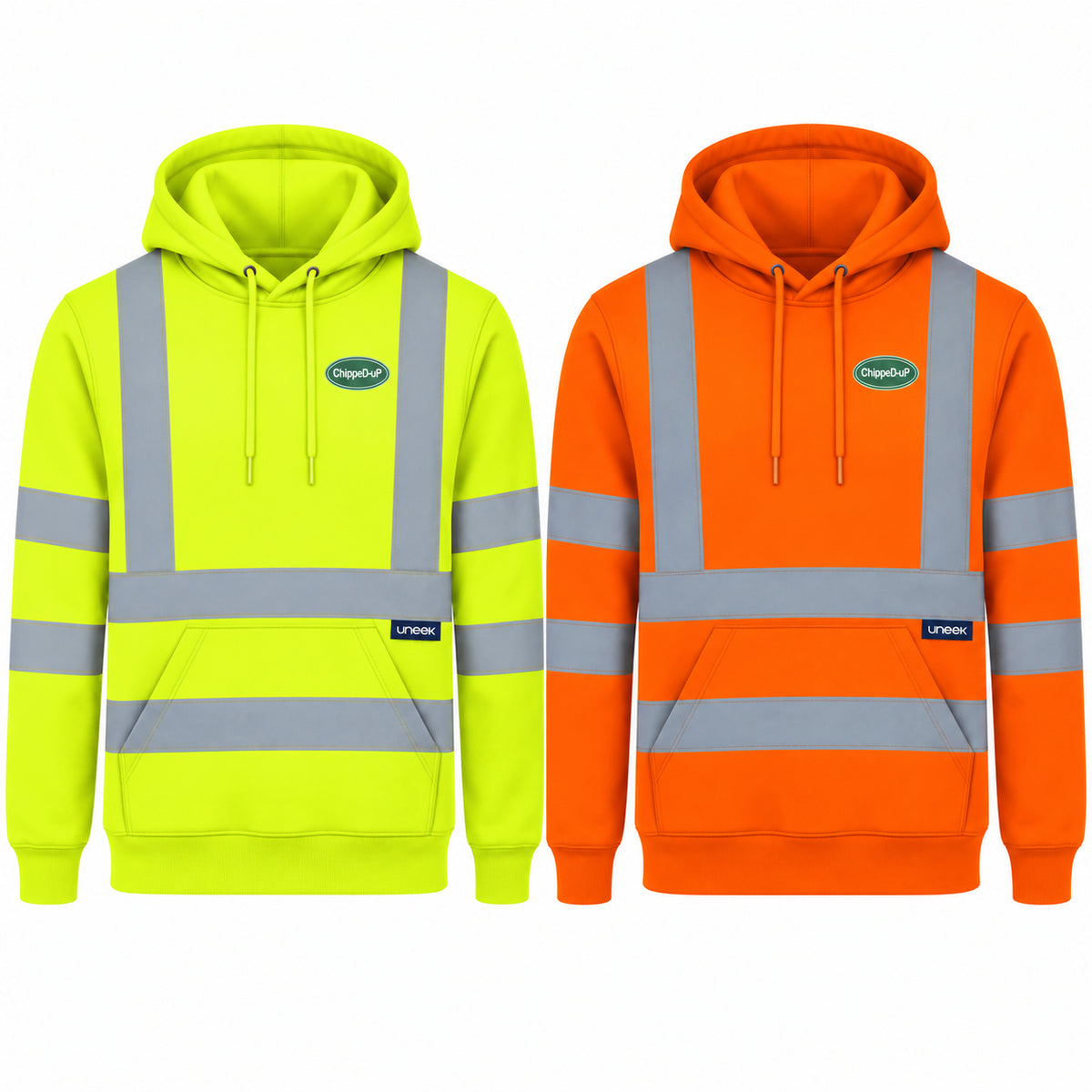 Hi-Vis ChippeD-uP Hoodie, Uneek UC814, shown in yellow and orange with a small ChippeD-uP badge on the wearer's left chest, clear of reflective tape. Product mockup.