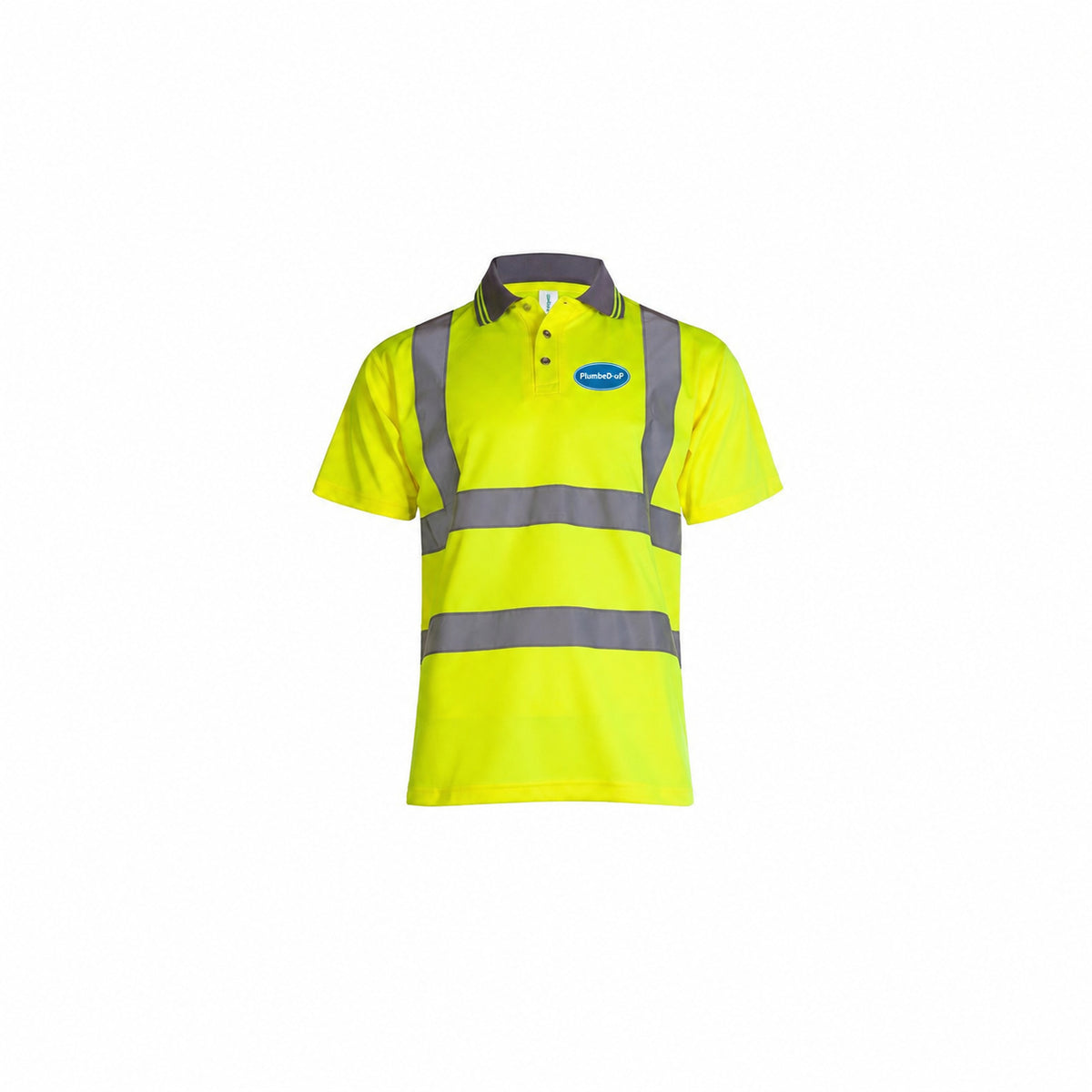 Hi-Vis PlumbeD-uP Polo Shirt with a 60 mm PlumbeD-uP badge on the wearer's left chest; shown in yellow, with yellow and orange available.