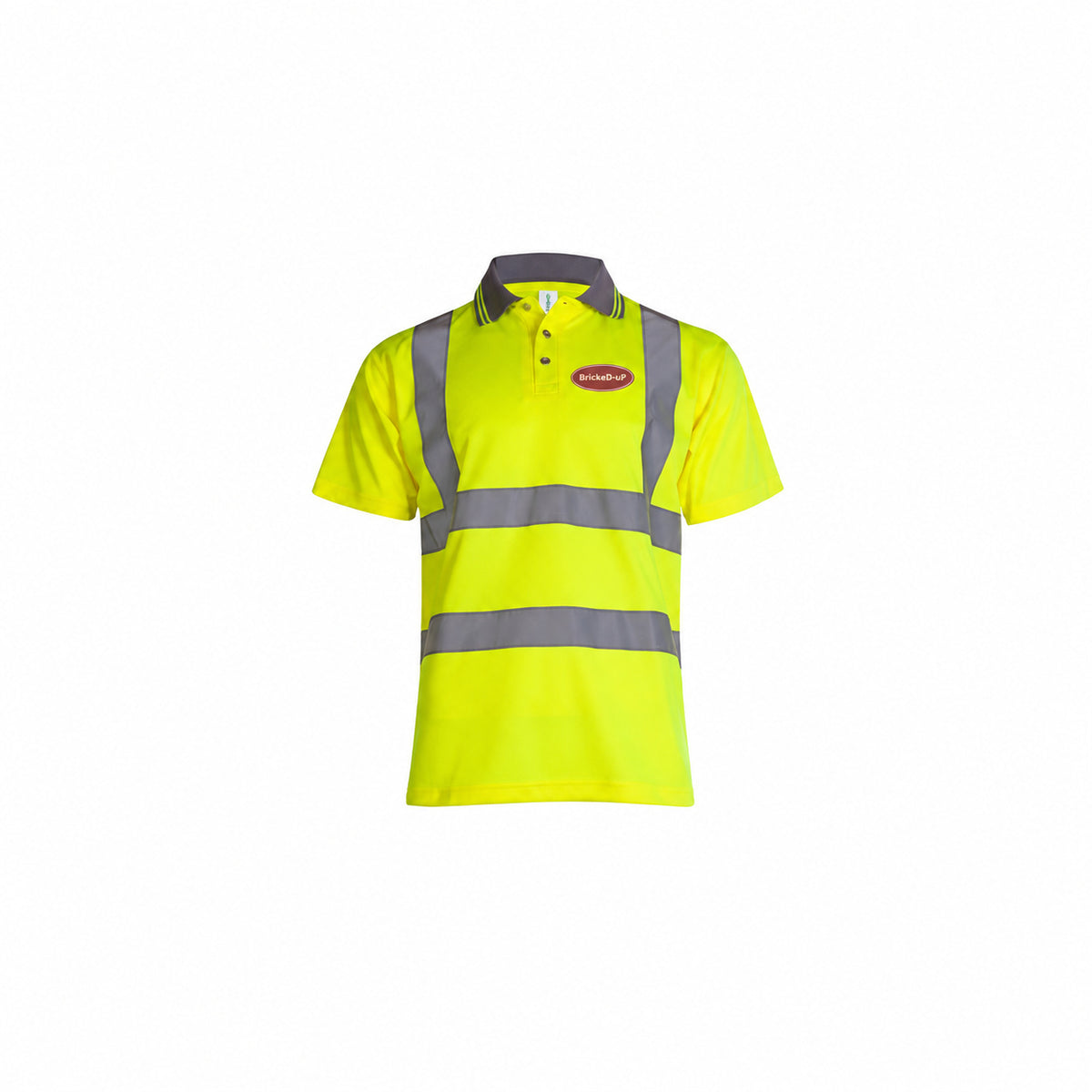 Hi-Vis BrickeD-uP Polo Shirt with a 60 mm BrickeD-uP badge on the wearer's left chest; shown in yellow, with yellow and orange available.