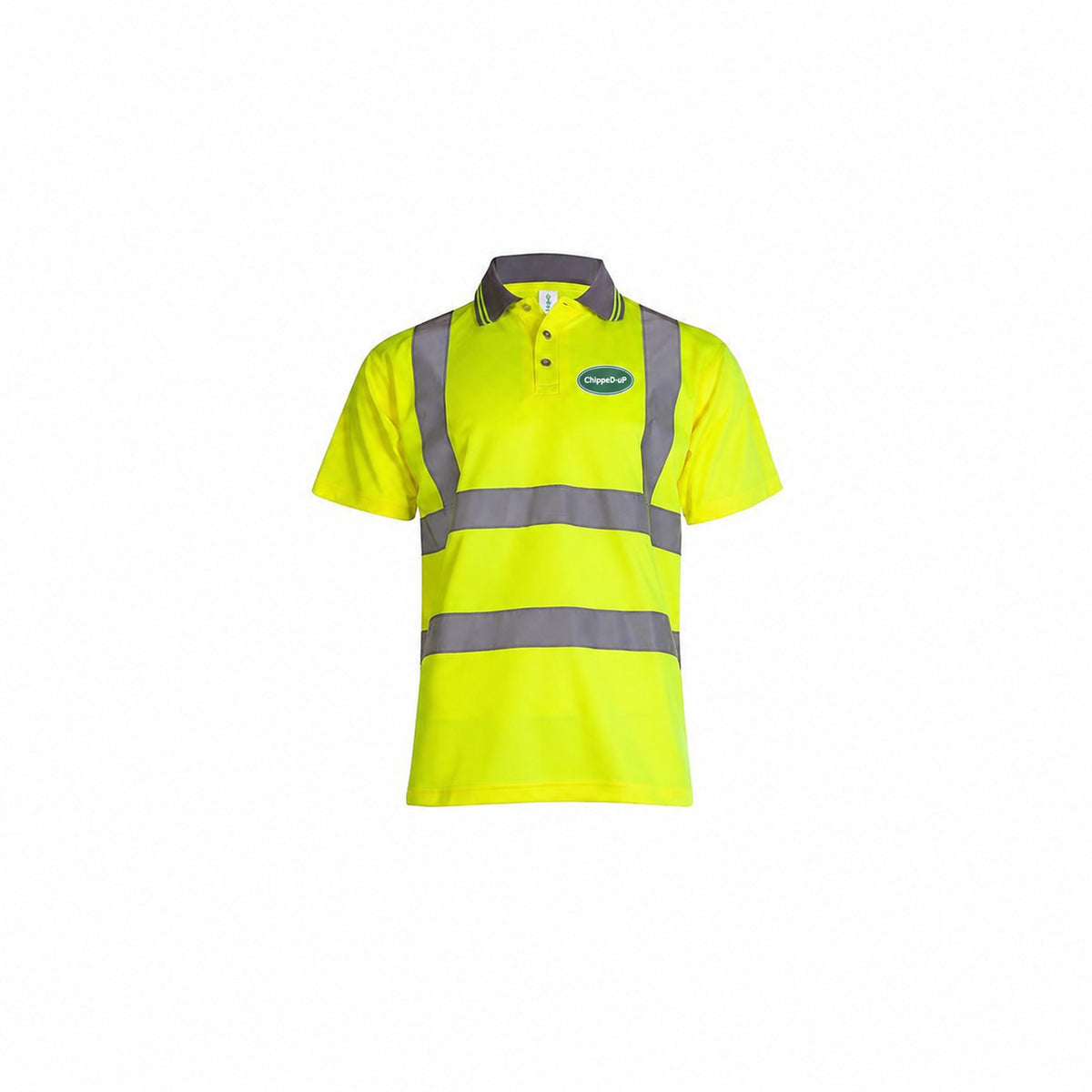 Hi-Vis ChippeD-uP Polo Shirt with a 60 mm ChippeD-uP badge on the wearer's left chest; shown in yellow, with yellow and orange available.