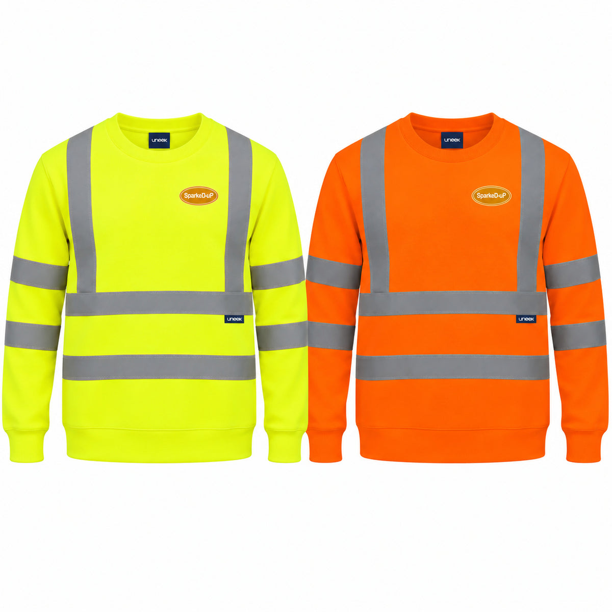 Hi-Vis SparkeD-uP Sweatshirt, Uneek UC813, shown in yellow and orange with a small SparkeD-uP badge on the wearer's left chest, clear of reflective tape. Product mockup.