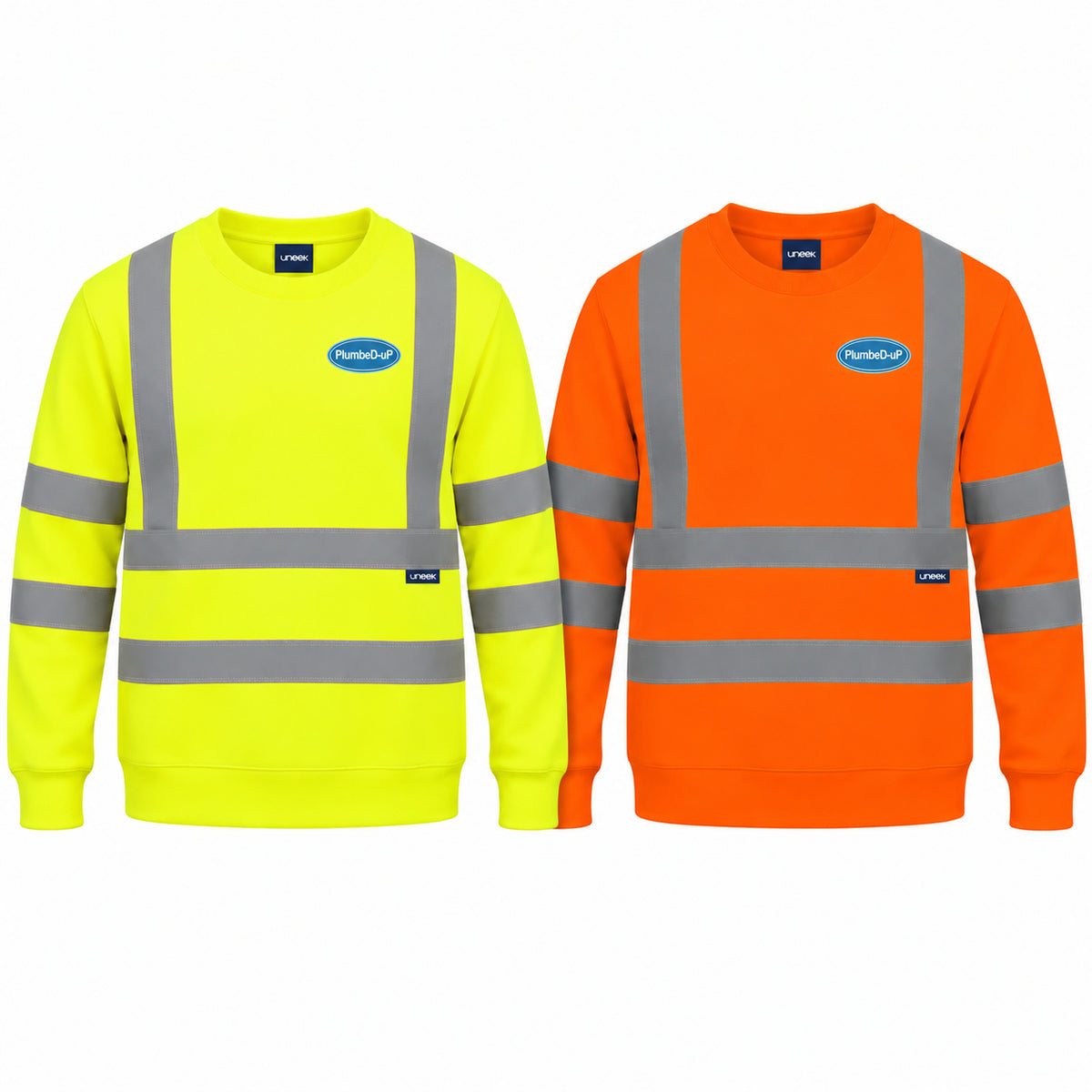 Hi-Vis PlumbeD-uP Sweatshirt, Uneek UC813, shown in yellow and orange with a small PlumbeD-uP badge on the wearer's left chest, clear of reflective tape. Product mockup.