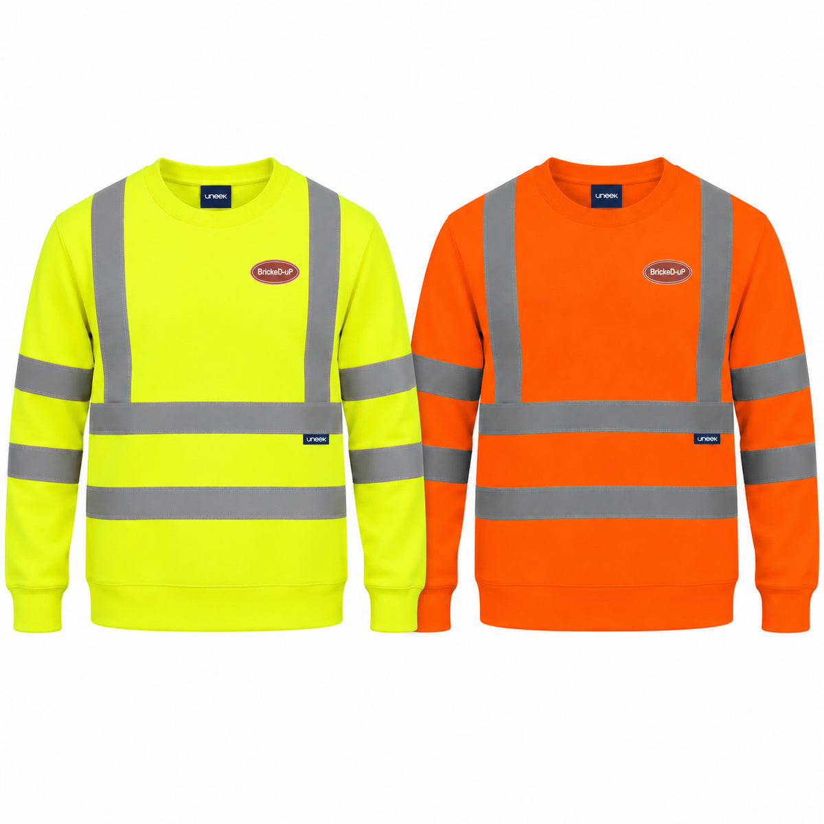 Hi-Vis BrickeD-uP Sweatshirt, Uneek UC813, shown in yellow and orange with a small BrickeD-uP badge on the wearer's left chest, clear of reflective tape. Product mockup.