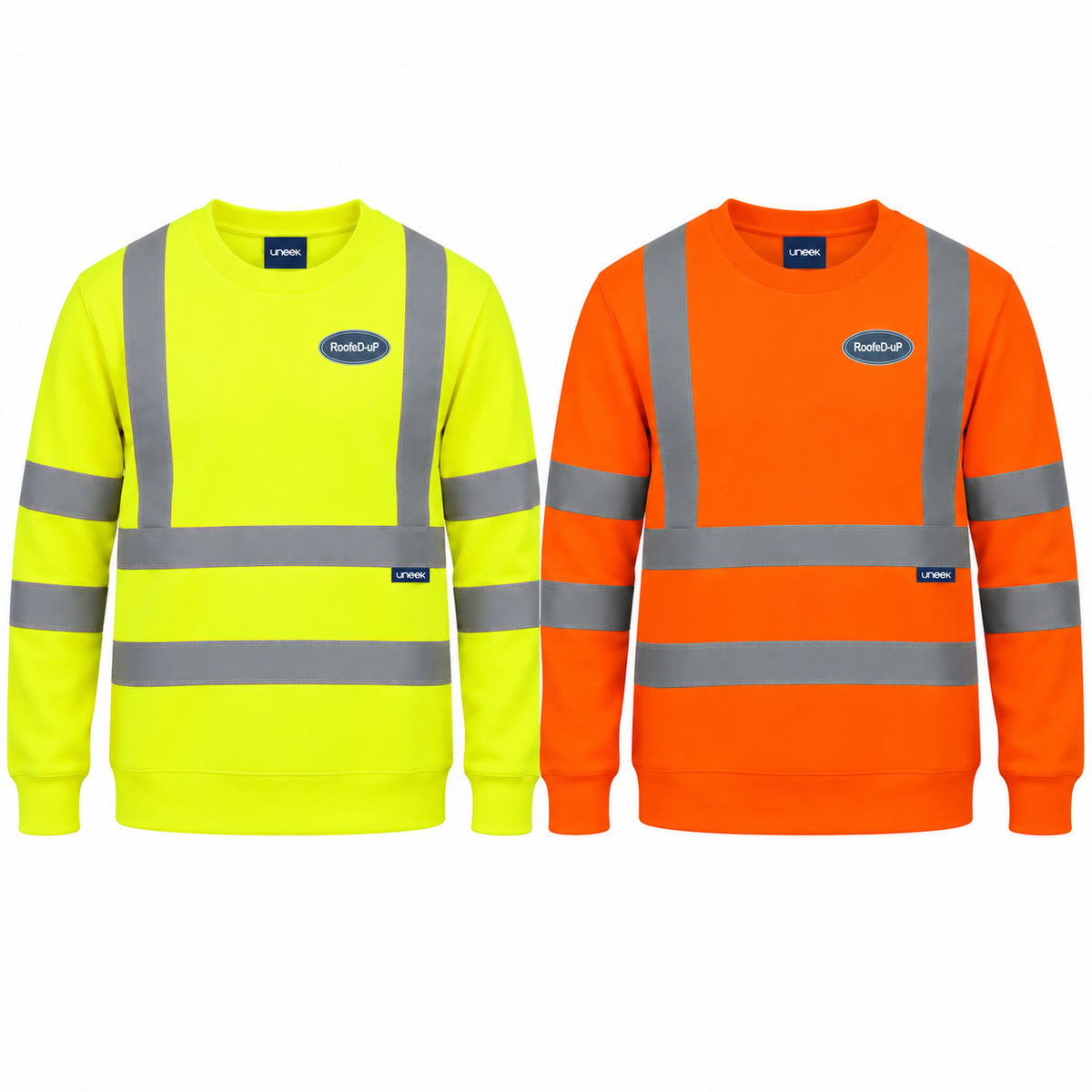 Hi-Vis RoofeD-uP Sweatshirt, Uneek UC813, shown in yellow and orange with a small RoofeD-uP badge on the wearer's left chest, clear of reflective tape. Product mockup.
