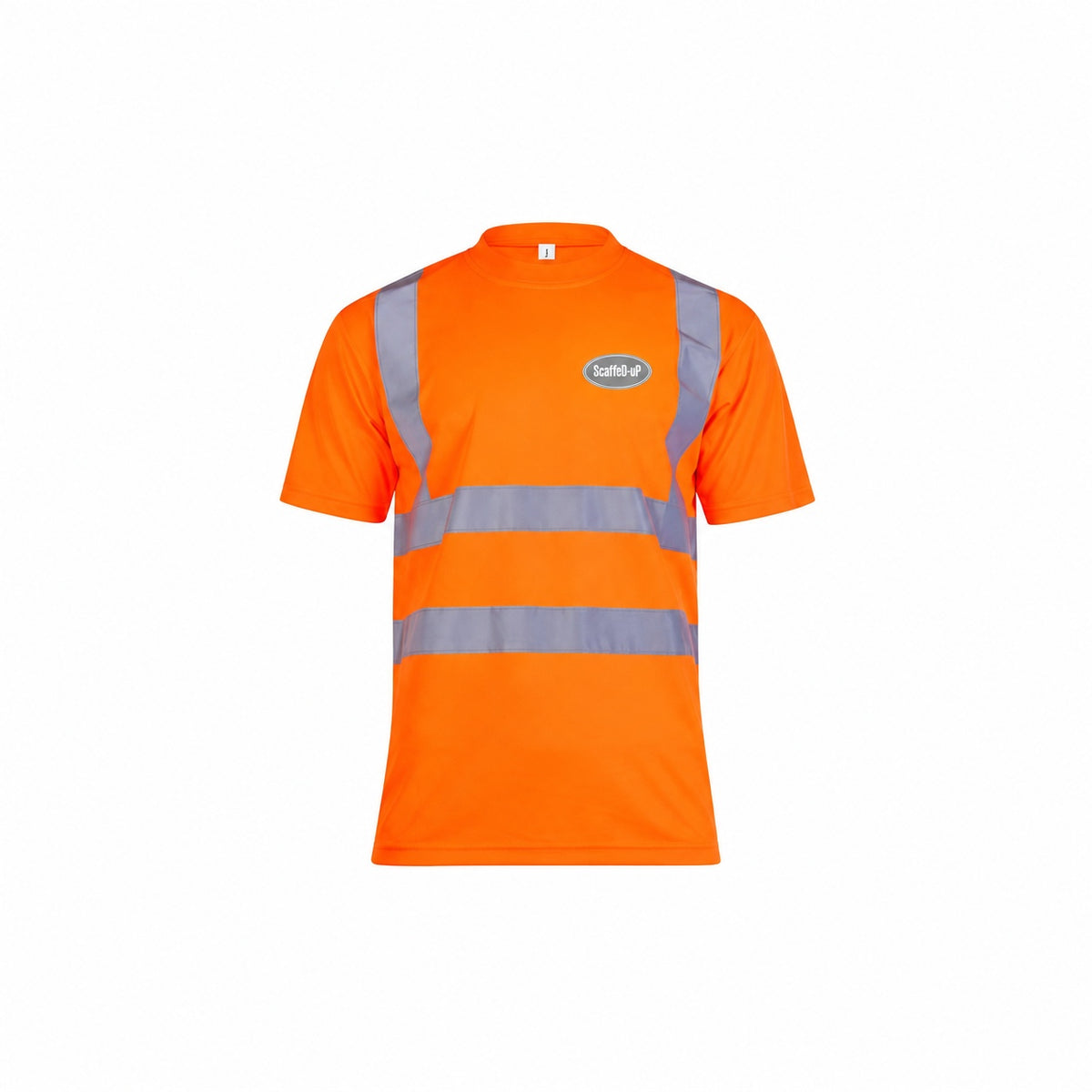 Hi-Vis ScaffeD-uP T-Shirt with a 60 mm ScaffeD-uP badge on the wearer's left chest; shown in orange, with yellow and orange available.