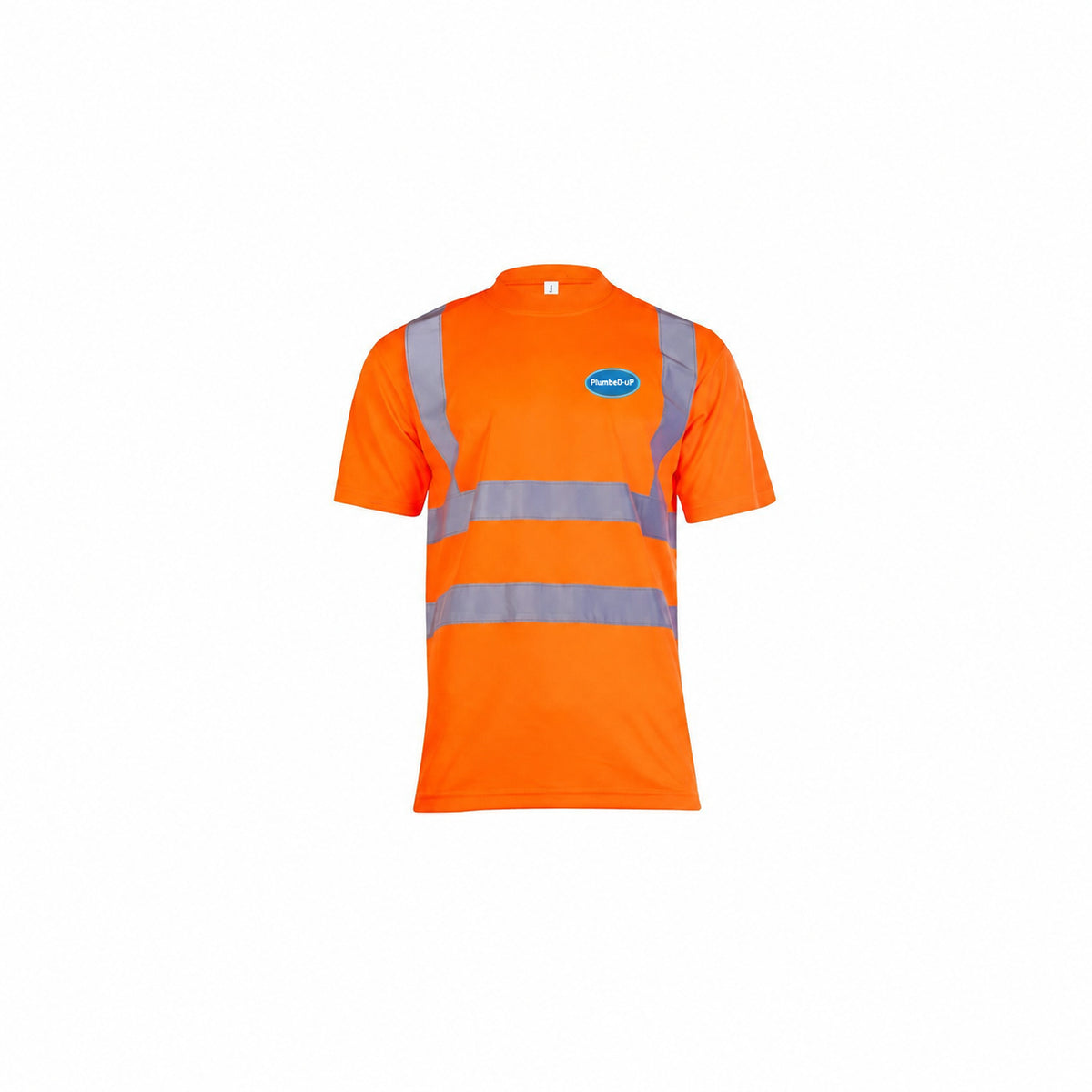 Hi-Vis PlumbeD-uP T-Shirt with a 60 mm PlumbeD-uP badge on the wearer's left chest; shown in orange, with yellow and orange available.