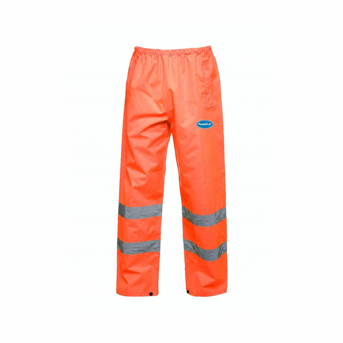 Hi-Vis PlumbeD-uP Trousers with a 60 mm PlumbeD-uP badge on the wearer's left leg; shown in orange, with yellow and orange available.