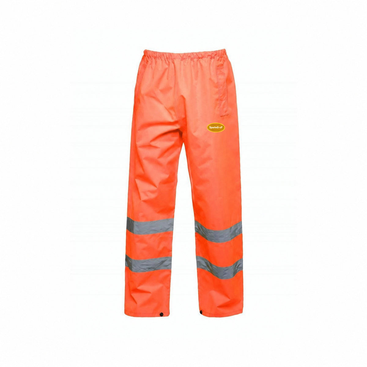Hi-Vis SparkeD-uP Trousers with a 60 mm SparkeD-uP badge on the wearer's left leg; shown in orange, with yellow and orange available.
