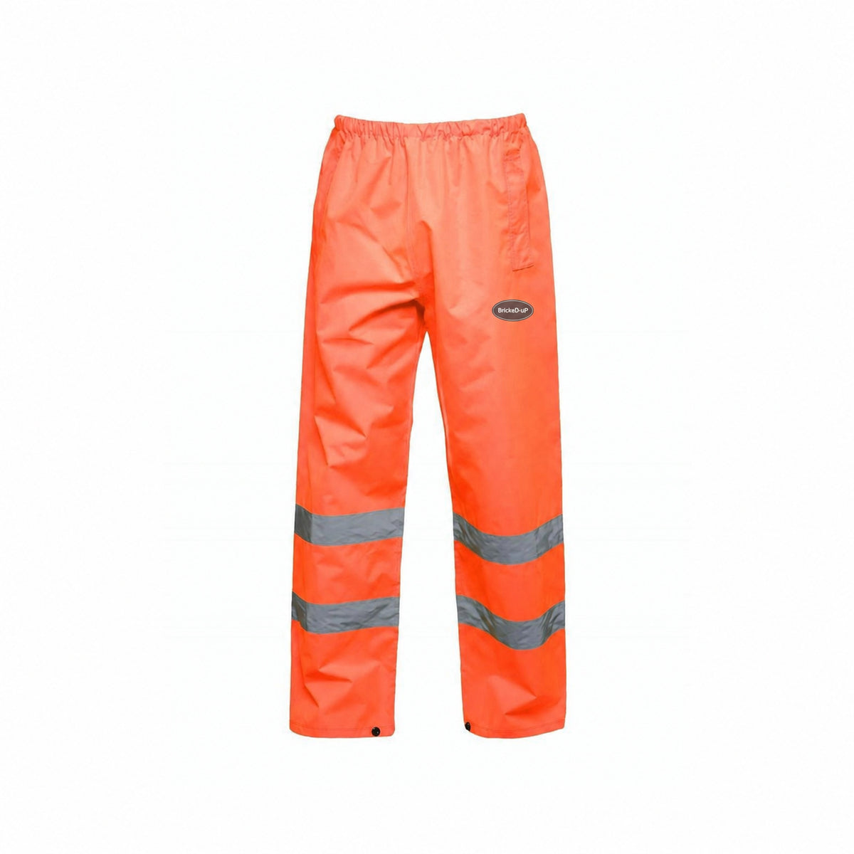 Hi-Vis BrickeD-uP Trousers with a 60 mm BrickeD-uP badge on the wearer's left leg; shown in orange, with yellow and orange available.