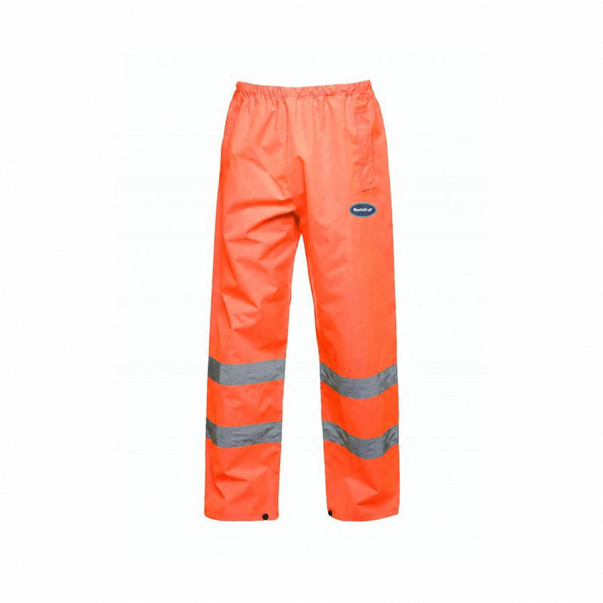 Hi-Vis RoofeD-uP Trousers with a 60 mm RoofeD-uP badge on the wearer's left leg; shown in orange, with yellow and orange available.