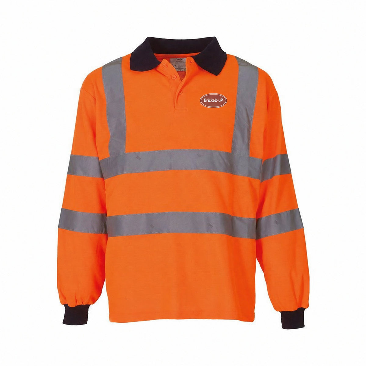 Hi-Vis BrickeD-uP Long-Sleeve Polo Shirt with a 60 mm BrickeD-uP badge on the wearer's left chest; shown in orange, with yellow and orange available.