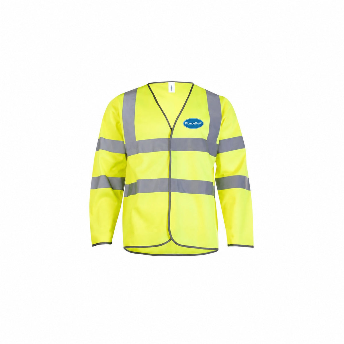 Hi-Vis PlumbeD-uP Long-Sleeve Safety Waistcoat with a 60 mm PlumbeD-uP badge on the wearer's left chest; shown in yellow, with yellow and orange available.