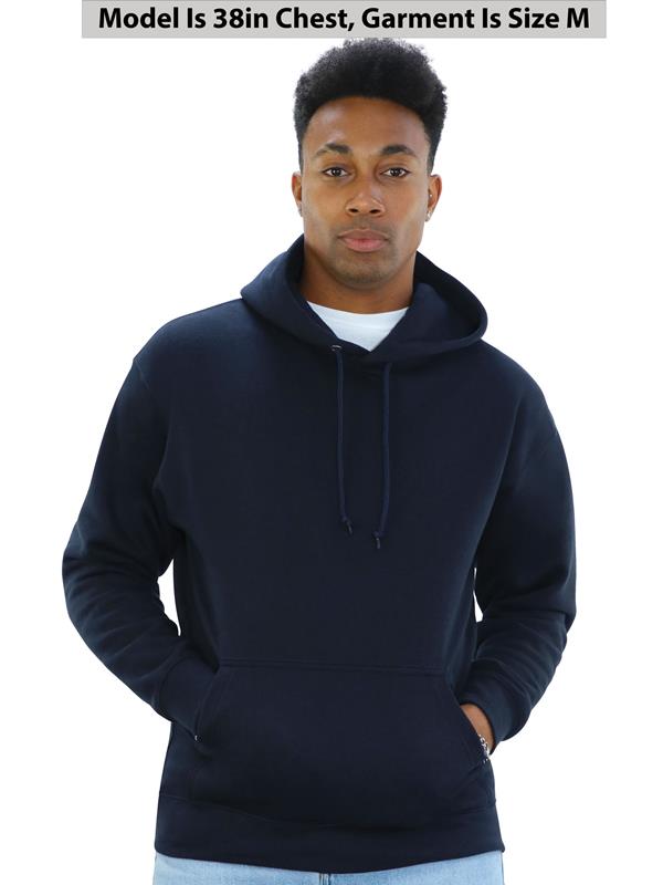A man wearing a dark navy blue pullover hoodie with a kangaroo pocket, shown against a plain white background with a text overlay at the top stating 'Model Is 38in Chest, Garment Is Size M'.