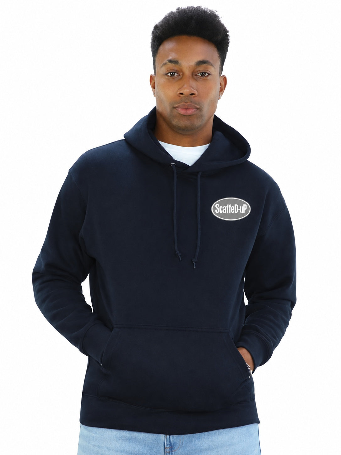 ScaffeD-uP navy pullover hoodie with a proportionate grey oval logo on the wearer’s left chest.