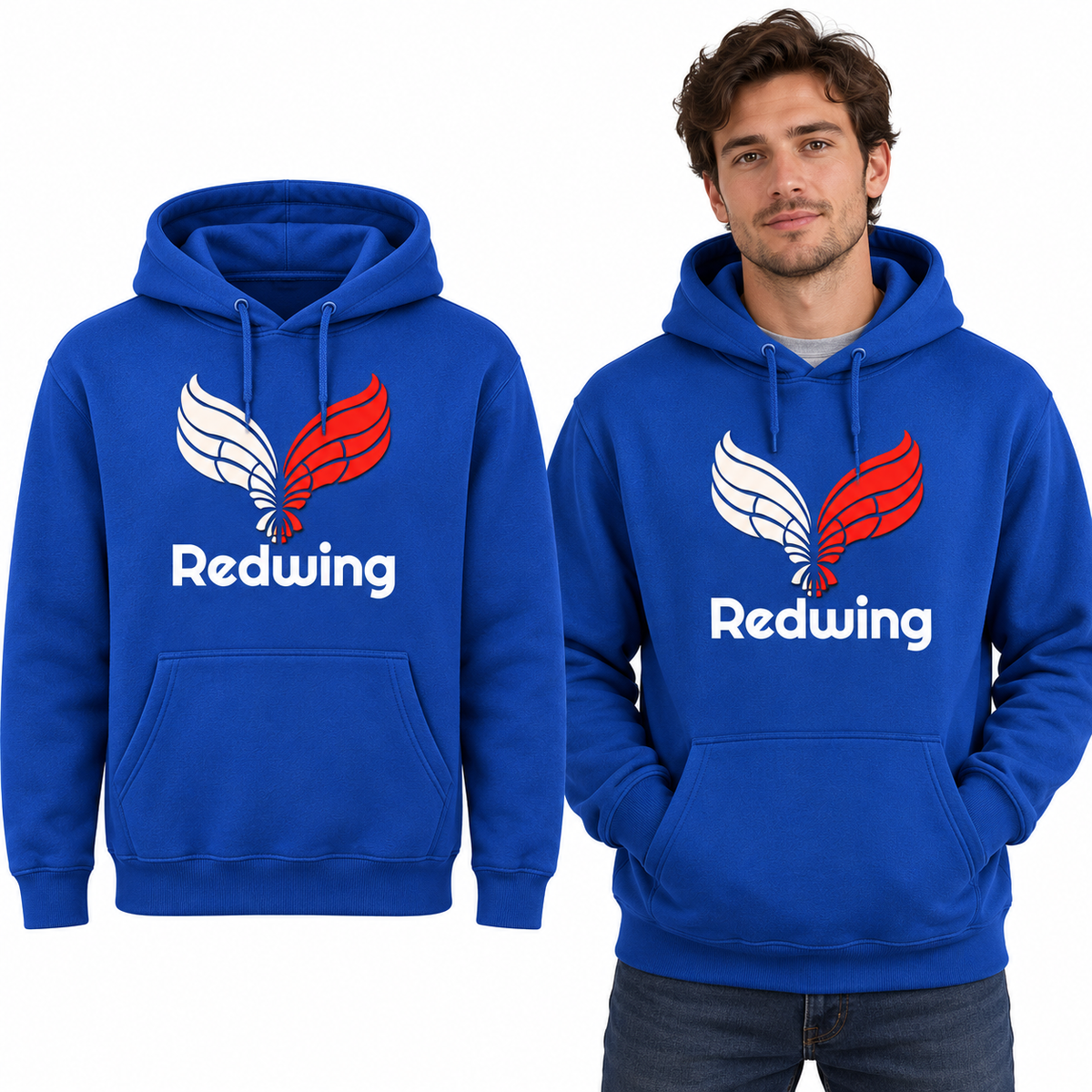 Redwing Premium Hoodie - Uneek UC501 in Royal - Redwing garment and model mockup