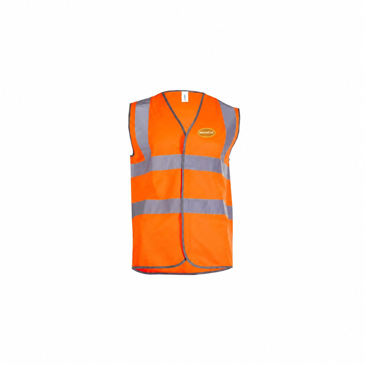 Hi-Vis SparkeD-uP Safety Waistcoat with a 60 mm SparkeD-uP badge on the wearer's left chest; shown in orange, with yellow and orange available.