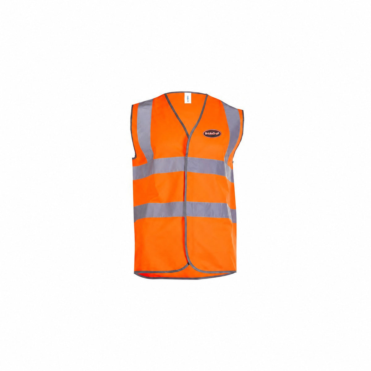 Hi-Vis BrickeD-uP Safety Waistcoat with a 60 mm BrickeD-uP badge on the wearer's left chest; shown in orange, with yellow and orange available.