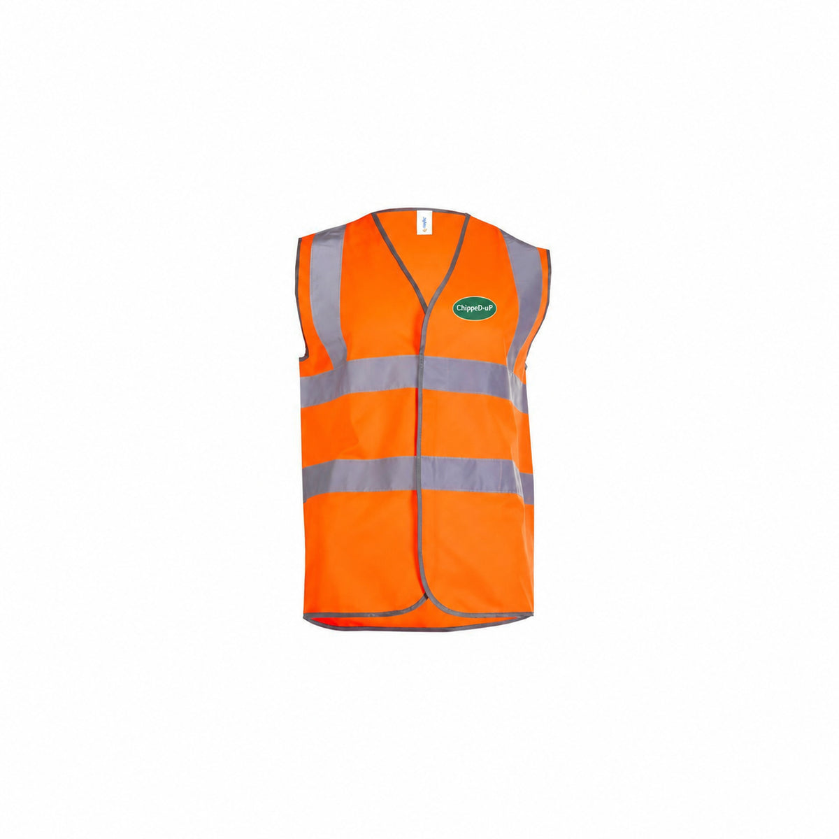 Hi-Vis ChippeD-uP Safety Waistcoat with a 60 mm ChippeD-uP badge on the wearer's left chest; shown in orange, with yellow and orange available.