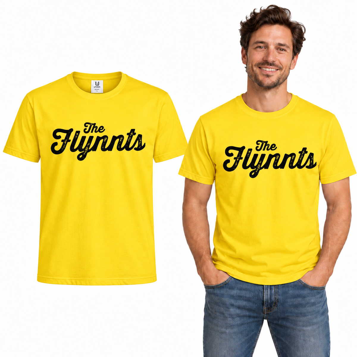 The Flynnts Cotton T-Shirt - Uneek UC301 in Yellow – The Flynnts logo mockup