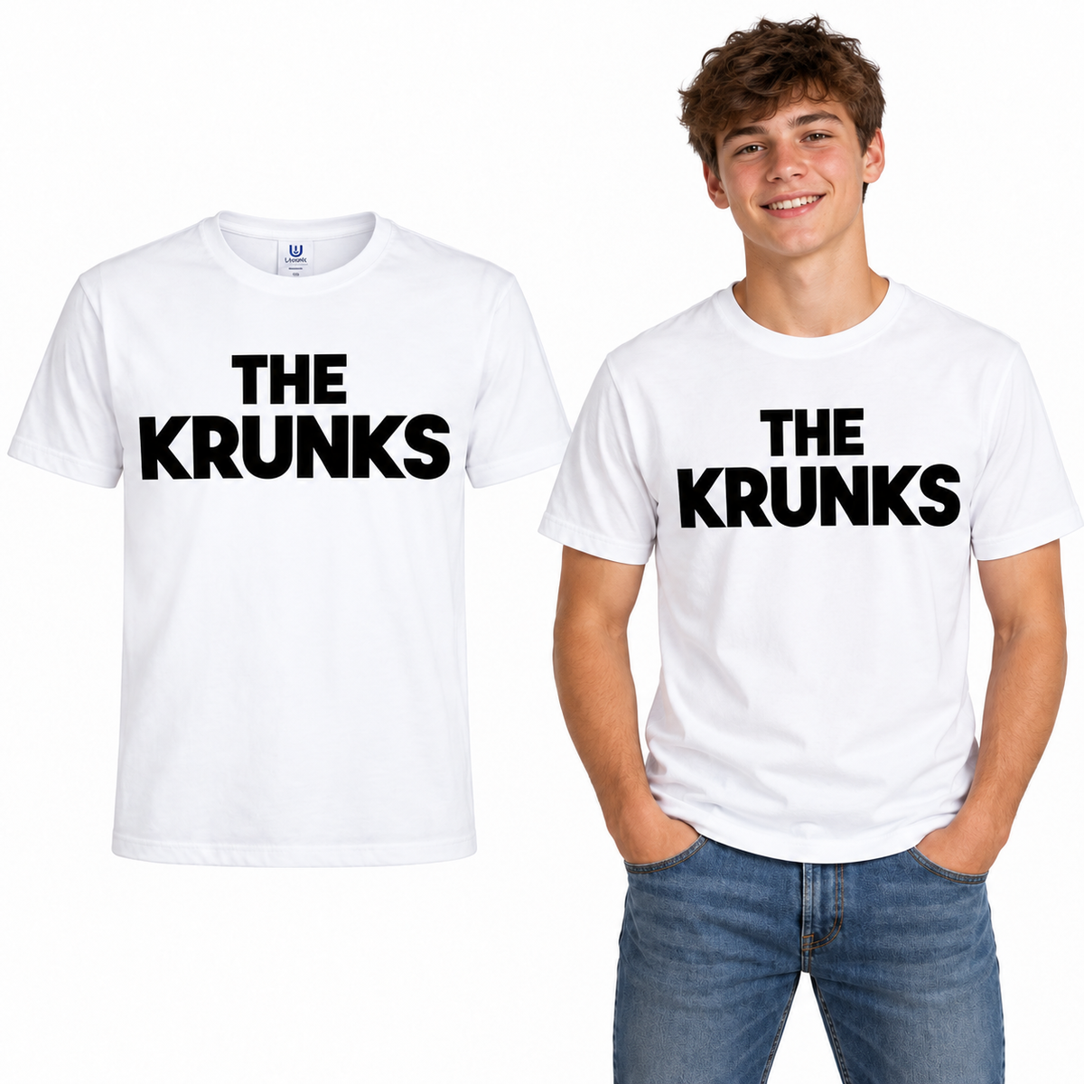 THE KRUNKS Cotton T-Shirt - Uneek UC301 in White - THE KRUNKS artwork garment and model mockup