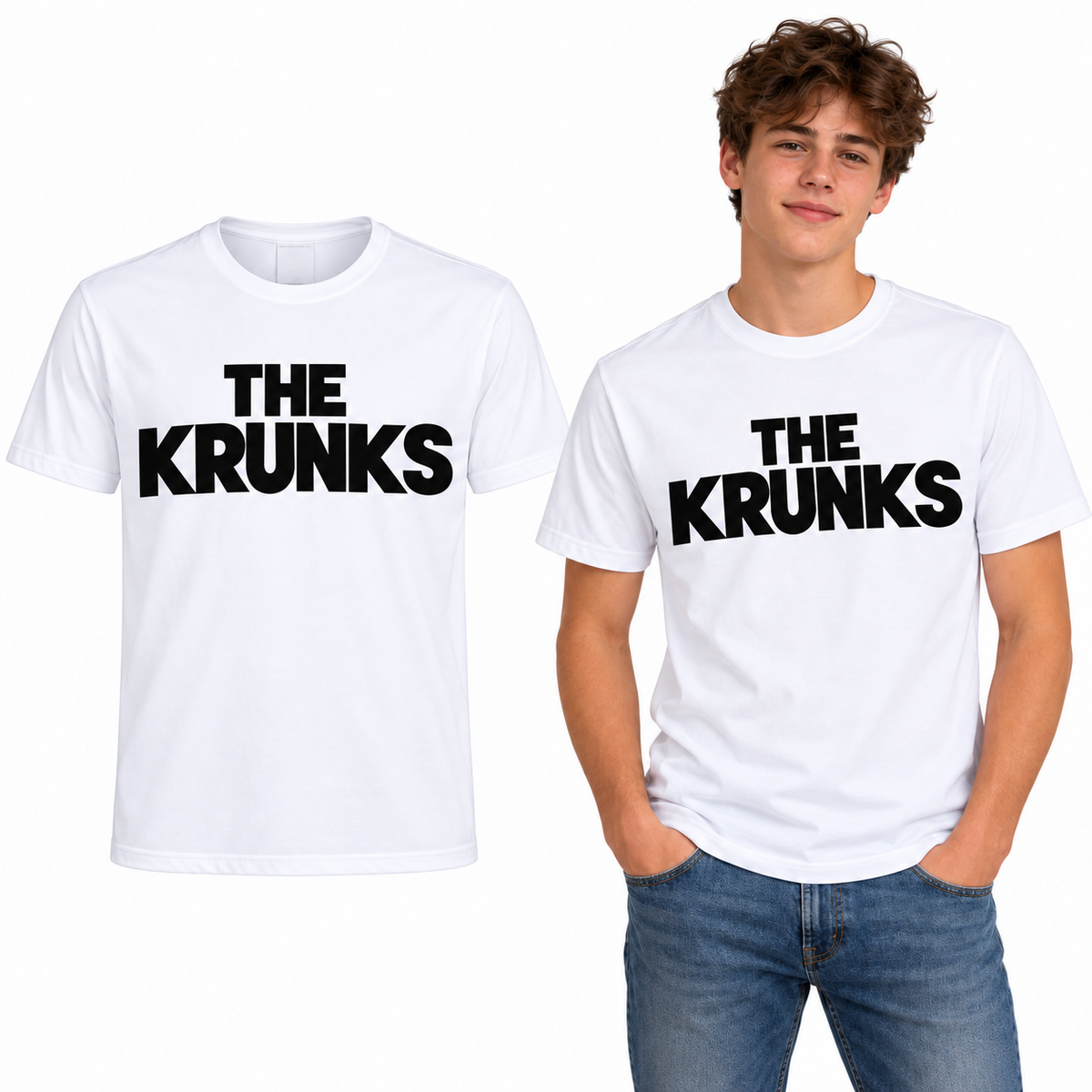 THE KRUNKS Tech T-Shirt - TriDri in White - THE KRUNKS artwork garment and model mockup