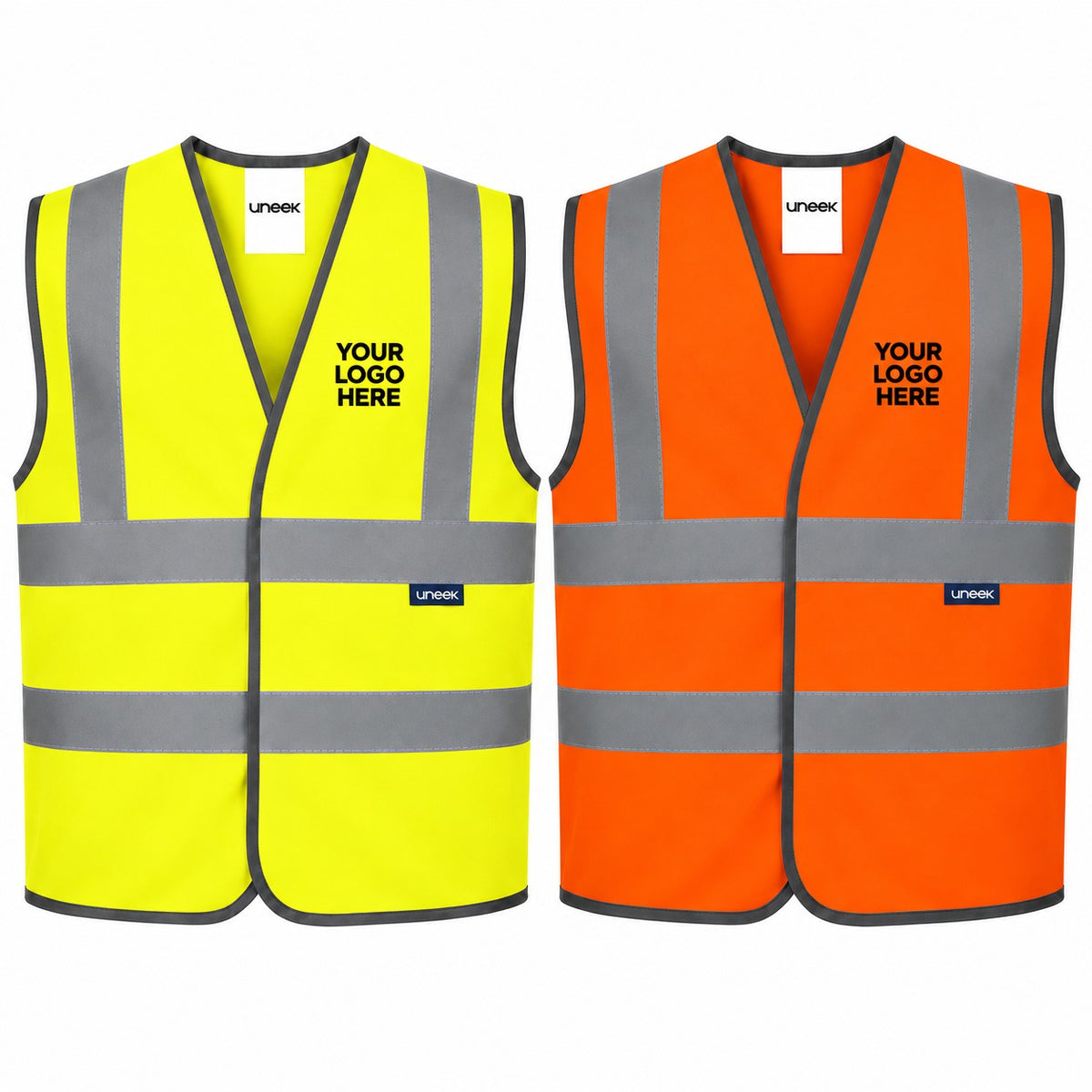 Yellow and orange Uneek UC801 safety waistcoat with Your Logo Here on the left chest. Personalised workwear mockup.