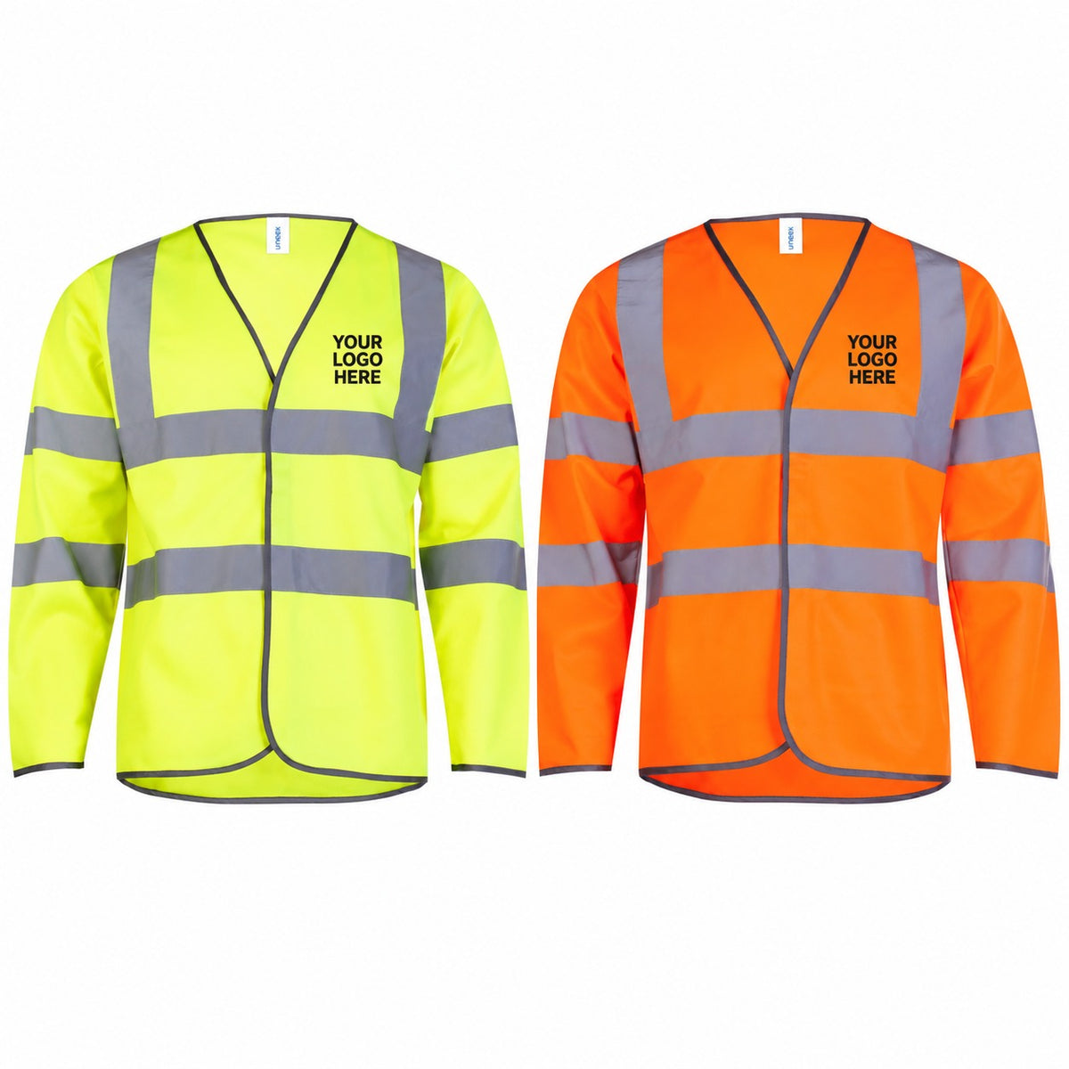 Yellow and orange Uneek UC802 long-sleeve waistcoat with Your Logo Here on the left chest. Personalised workwear mockup.