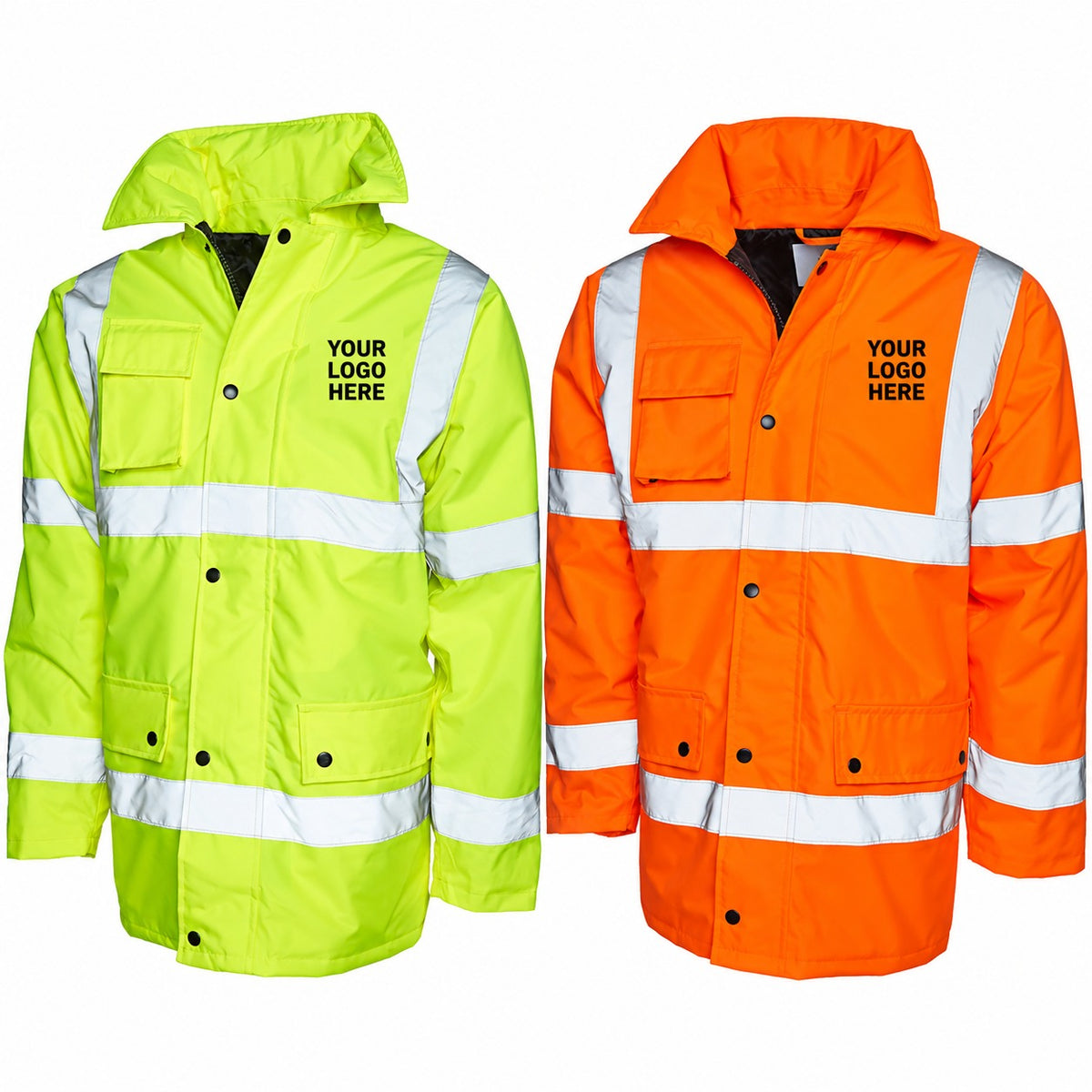 Yellow and orange Uneek UC803 road safety jacket with Your Logo Here on the left chest. Personalised workwear mockup.